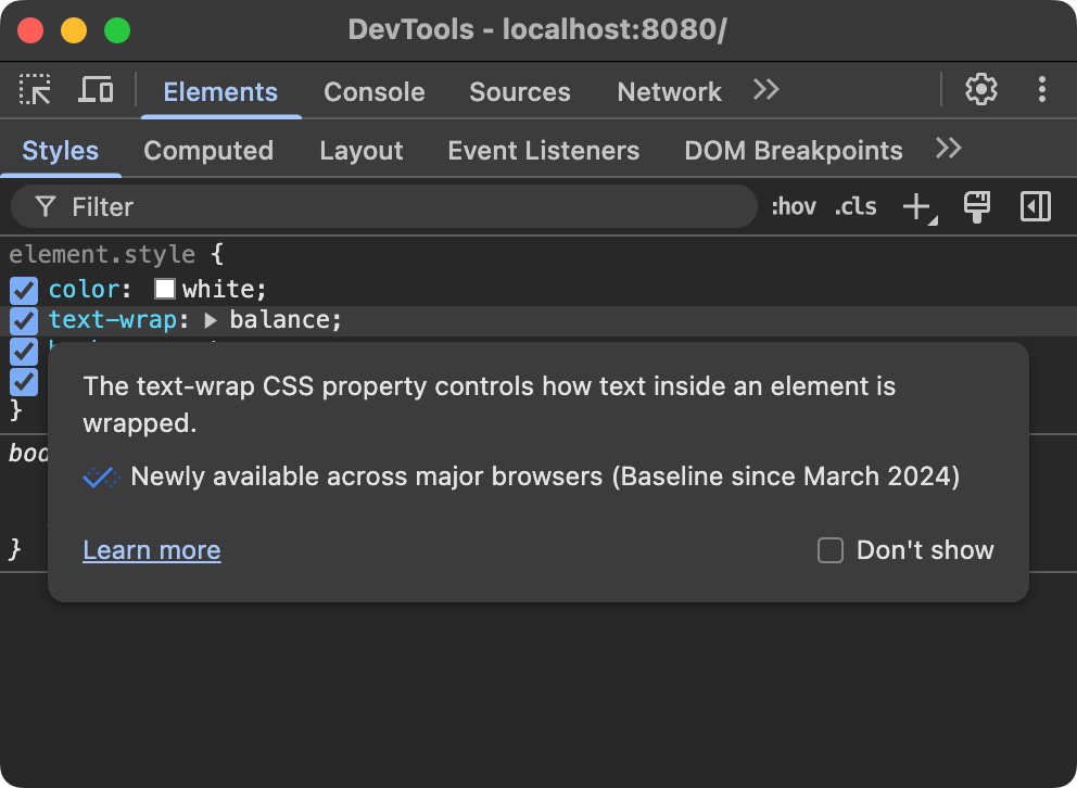 Désormais les devtools de Chrome affichent le support navigateur en se basant sur l'indicateur "Baseline"