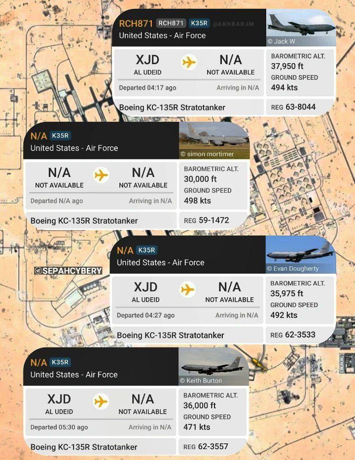 دستکم 7 هواپیمای سوخت رسان آمریکایی پایگاه العدید قطر را ترک کردند.