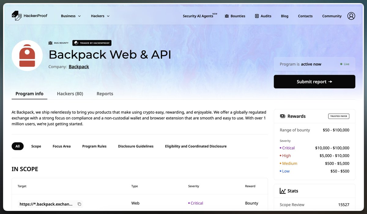 BackpackのWebとAPI向けHackenProofバグバウンティページ
