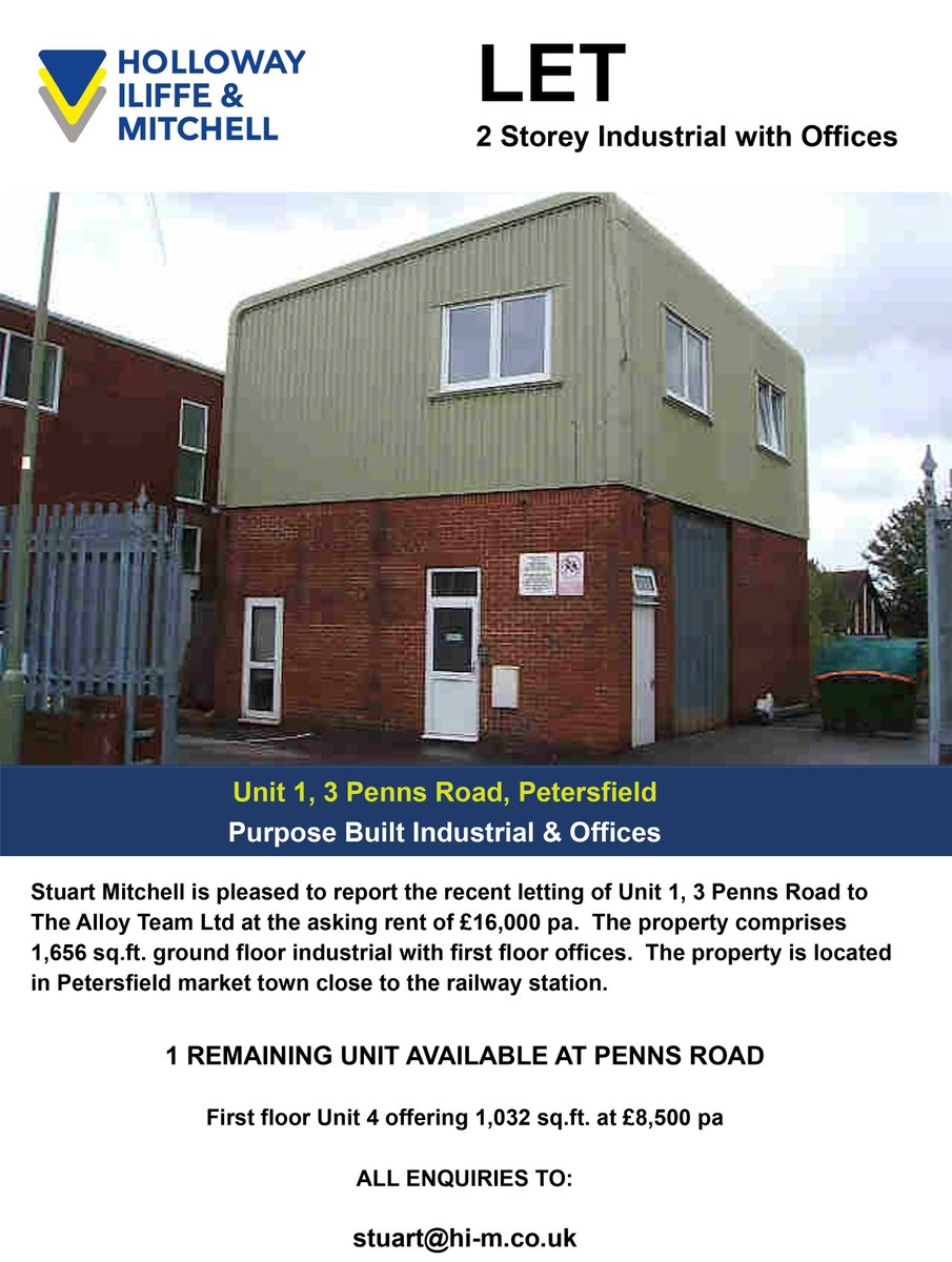hi-m.co.uk (@solentsurveyors) on Twitter photo *** LETTING COMPLETE *** Penns Road, Petersfield.
One remaining first floor unit available. All enquiries to: stuart@hi-m.co.uk *** LETTING COMPLETE *** Penns Road, Petersfield.
One remaining first floor unit available. All enquiries to: stuart@hi-m.co.uk