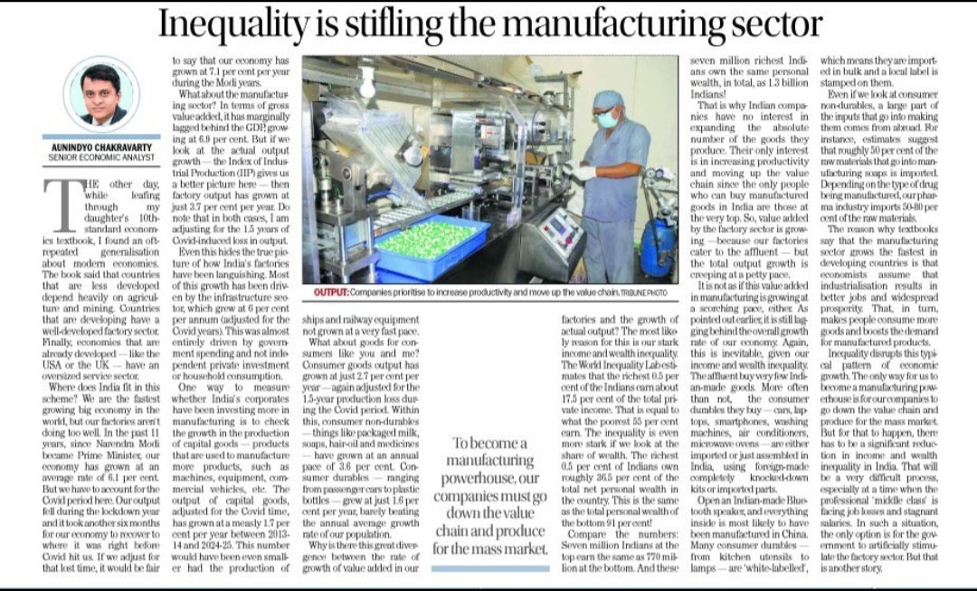 aiiea1951's tweet photo. 🚩Inequality is stifling the Manufacturing sector

(Excellent article in the Tribune -This article conclude that the only way for us to become a manufacturing power house is for our companies to go down the value chain and produce for the mass market.But for that to happen, there has to be a significant reduction in income and wealth inequality in https://t.co/0WtdlXeJbs Ramkumar in his wonderful presentation in All India Trade union classes organized by AIIEA held at Hyderabad,explained as to how Income inequalities are posing hindrance to development of Manufacturing sector in our country.He gave the example of mass production of  small satchets of Consumer items (Shampoo ,Edible oil etc ) in our country ,which is rarity across the https://t.co/hjHEgkbNJi shows lack of purchasing power of the people.)

Countries that are less developed depend heavily on agriculture and mining, Countries that are developing have a well-developed factory sector. Finally, economies that are
already developed like the
USA or the UK-have an
oversized service sector

Where does India fit in this
scheme? We are the fastest
growing big economy in the
world, but our factories aren't
doing too well. In the past 11
years, since Narendra Modi
became Prime Minister, our
economy has grown at an
average rate of 6.1 per cent.

But we have to account for the Covid period here. Our outputfell during the lockdown year
and it took another six months for our economy to recover to where it was right befom Covid hit us. If we adjust for that lost time, it would be fair
Inequality is stifling the manufacturing sector to say that our economy has
grown at 7.1 per cent per year
during the Modi years

What about the manufactur
ing sector? In terms of gross
value added, it has marginally
lagged behind the GDP grow
ing at 6.9 per cent. But if we
look at the actual output
growth-the Index of Indus
trial Production (IP) gives us
a better picture here then
factory output has grown at
just 3.7 per cent per year. Do
note that in both cases, I am
adjusting for the 15 years of
Covid-induced loss in output.
Even this hides the true pic
ture of how India's factories
have been languishing. Most
of this growth has been driv
en by the infrastructure see
tor, which grew at 6 per cent
per annum (adjusted for the
Covid years) This was almost
entirely driven by govern
ment spending and not inde
pendent private investment
or household consumption.

One way to measure
whether India's corporates
have been investing more in
manufacturing is to check
the growth in the production
of capital goods-products
that are used to manufacture
more products, such as
machines, equipment, com
mercial vehicles, etc. The
output of capital goods,
adjusted for the Covid time,
has grown at a measly 17 per
cent per year between 2013
14 and 2024-25. This number
would have been even small
er had the production of Companies prioritise to increase productivity and move up the value chain.
ships and railway equipment
not grown at a very fast pace.

What about goods for con
sumers like you and me?
Consumer goods output has
grown at just 2.7 per cent per
year-again adjusted for the
15-year production loss dur
ing the Covid period. Within
this, consumer non-durables
-things like packaged milk,
soups, hair-oil and medicines
have grown at an annual
pace of 3.6 per cent. Con
sumer durables-ranging
from passenger cars to plastic bottles-grew at just 1.6 per cent per year, barely beating the option rate of our population.

To become a manufacturing
powerhouse, our companies must go down the value
chain and produce for the mass market.factories and the growth of actual output? The most likely reason for this is our stark
income and wealth inequality

The World Inequality Labest
mates that the richest 0.5 per
cent of the Indians control
17.3 per cent of the total pri
vate income. That is equal to
what the poorest 55 per cent
earn. The inequality is even
more stark if we look at the
share of wealth. The richest
0.5 per cent of Indians own
roughly 365 per cent of the
the country. This is the same
as the total personal wealth of the bottom 91 percent!

Seven million Indians at the
top earn the same as 770 mil
lion at the bottom. And these
seven million richest Indi
ans own the same personal
wealth, in total, as 1.3 billion
Indians!

Even if we look at consumer
non-durables, a large part of
the inputs that go into making them comes from abroad. For instance, estimates suggest
that roughly 50 per cent of the raw materials that go into man ufacturing soaps is imported. Depending on the type of drug being manufactured,ourphar
ma industry imports 50-80 per cent of the raw materials

That is why Indian compa
nies have no interest in
expanding the absolute
number of the goods they
produce. Their only interest
is in increasing productivity
and moving up the value
chain since the only people
who can buy manufactured
goods in India are those at
the very top. So, value added
by the factory sector is grow 

The reason why textbooks
ing-because our factories say that the manufacturing cater to the affluent but sector grows the fastest in the total output growth is developing countries is thatemeping at a petty pace.

It is not as if this value added
manufacturing is growing at
a scorching pace, either As
pointed out earlier, it is still lagging behind the overall growth rate of our economy. Again, this is inevitable, given ourincome and wealth inequality,The affluent buy very few Indan-made goods. More often than not, the consumer dumbles they buy-cars, laptops, smartphones, washing
machines, air conditioners,
microwave ovens-are either
imported or just assembled in
India, using foreign-made
completely knocked-down
kits or imported parts
Open an Indian-made Blue
tooth speaker, and everything
inside is most likely to have
economists assume that
industrialisation results in
better jobs and widespread
prosperity. That, in tum,
makes people consume more
goods and boosts the demand for manufactured products.Inequality disrupts this typcal pattern of economic growth. 

The only way for us to
become a manufacturing pow
erhouse is for our companies to go down the value chain and produce for the mass market.

But for that to happen, there
has to be a significant redus
tion in income and wealth
inequality in India. That will
be a very difficult process,
especially at a time when the
professional 'middle class is
facing job losses and stagnant salaries.