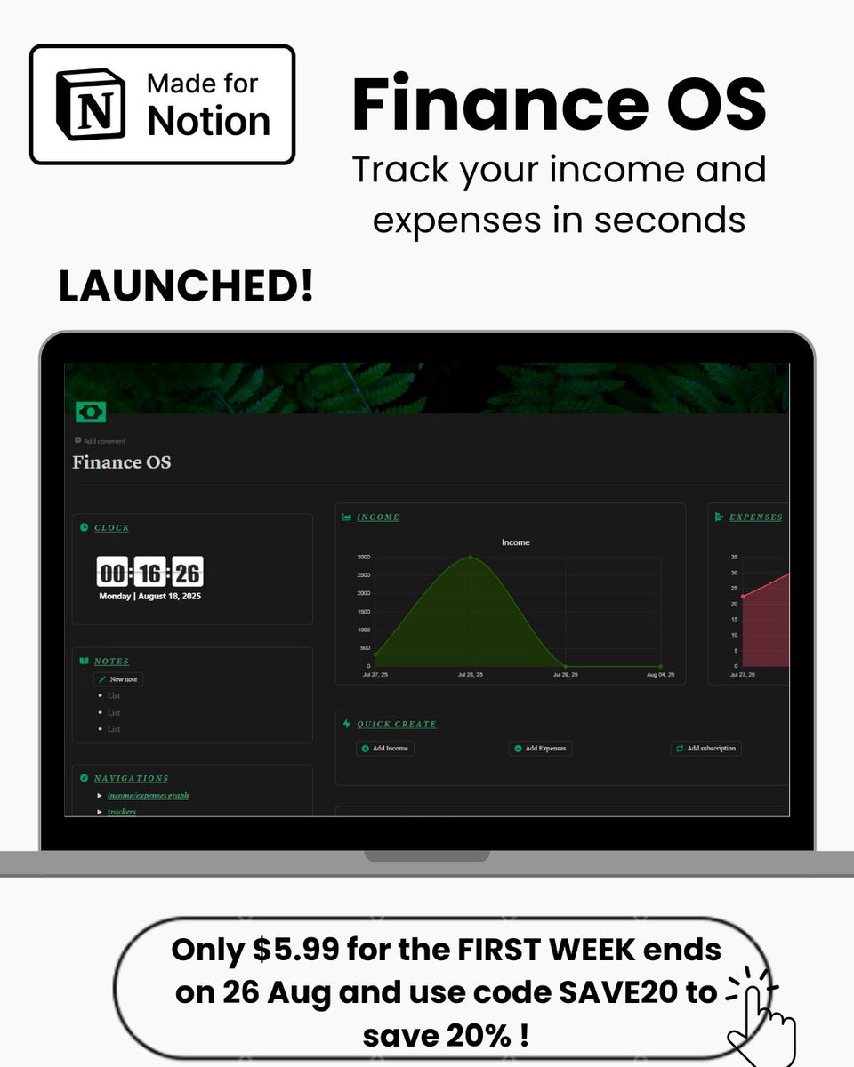 julienvoss_'s tweet image. 🚀 Finance OS is LIVE!
A mobile-friendly Notion system to track income &amp;amp; expenses on the go 💸📱

✅ Real-time dashboards
✅ Quick-add buttons

🎉 Launch week: $5.99 (ends Aug 26)
👉 Link in bio

#Notion #FinanceOS #PersonalFinance #Productivity