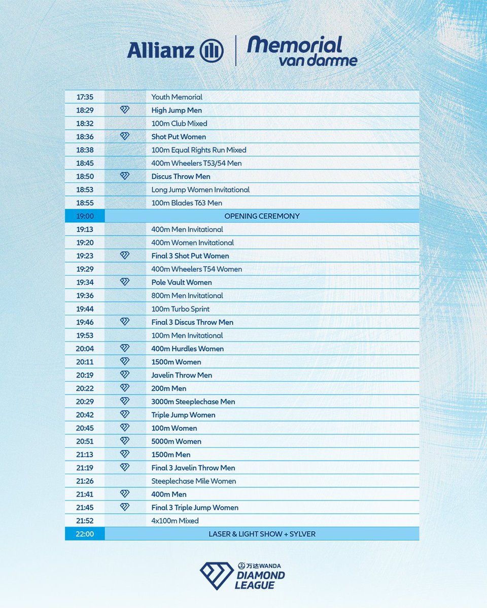 MVDbrussels's tweet image. Time to discover Friday’s schedule! 👀🤩
#AllianzMemorialvanDamme #GetReadyForTheBest #WandaDiamondLeague #BrusselsDL