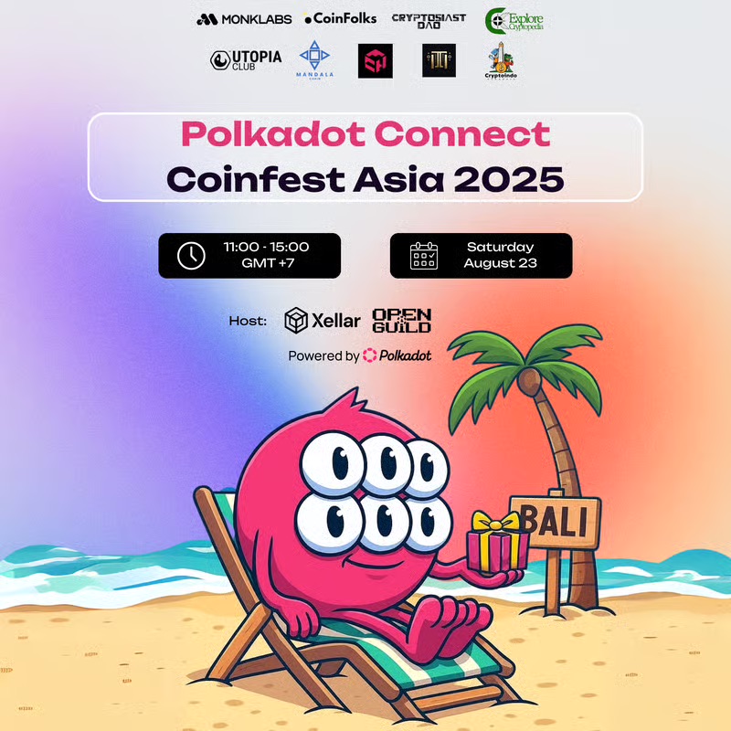 In Bali this weekend? <a href="/openguildwtf/">OpenGuild</a> is hosting Connect Coinfest Asia 2025 — for founders, builders, and strategists working on scalable, modular, and future-proof blockchain projects ⭕️

Agenda: Polkadot 2.0 &amp; Hub, pitch sessions, networking, &amp; more!

Only 5 spots left 👀