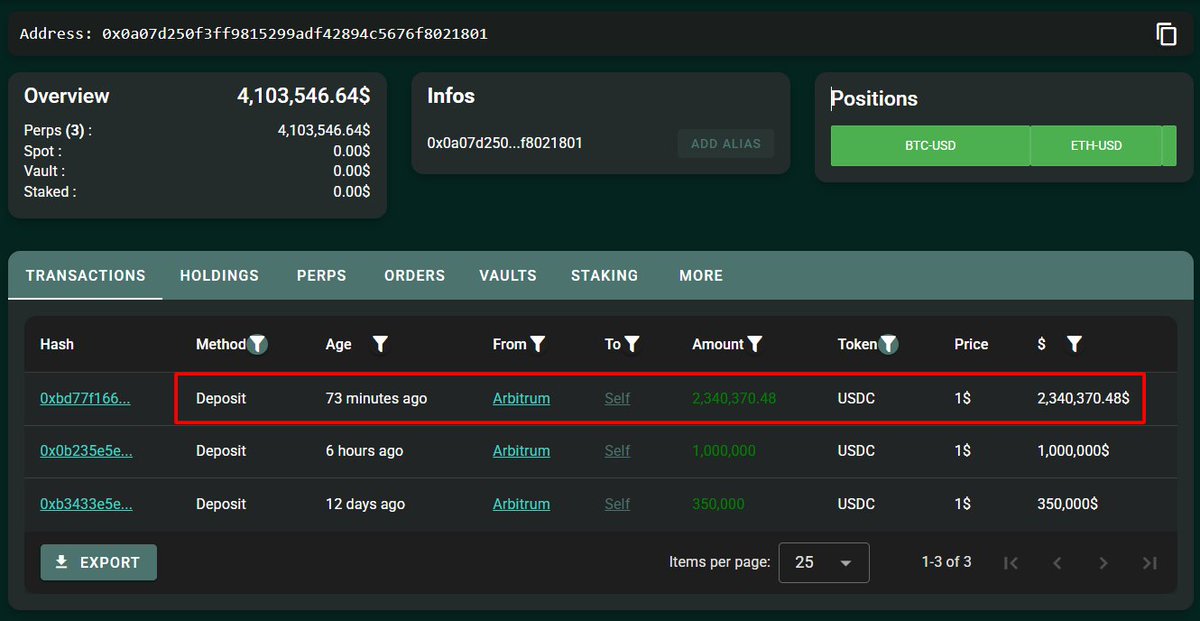 Screenshot of whale's USDC deposits on Hyperliquid explorer