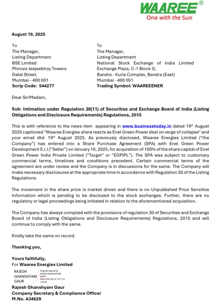mohitbhallaET's tweet image. Newsbreak: Waaree Energies confirms it’s reviewing its January acquisition of Enel Green Power India following an ET report. ET had reported on Tuesday the two sides were in talks to break up the deal over unmet conditions