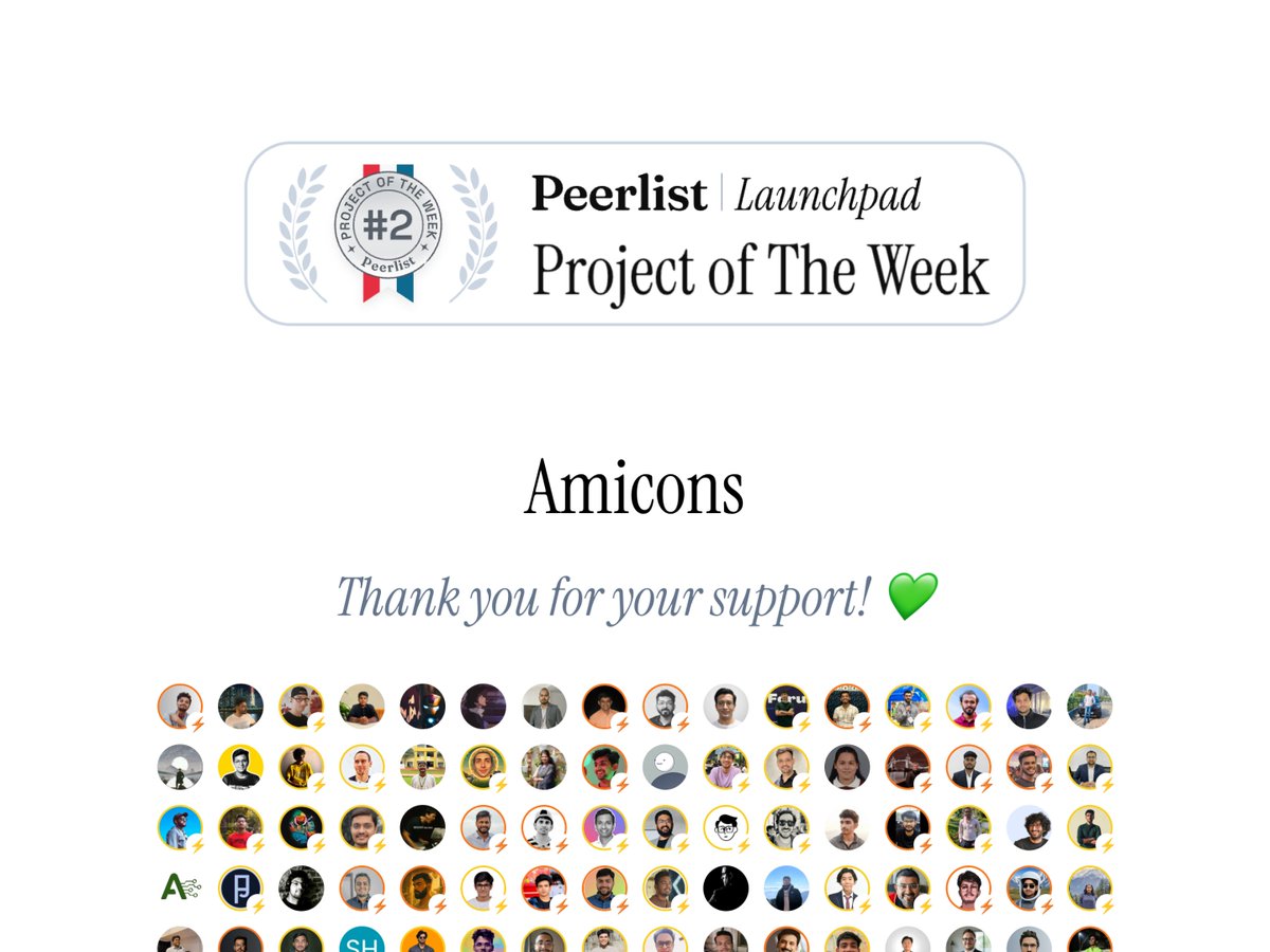 Amicons was selected as <a href="/Peerlist/">Peerlist</a>'s Project of the Week!

Big thanks to everyone who voted and supported 🙌

amicons.design/?utm_source=li…