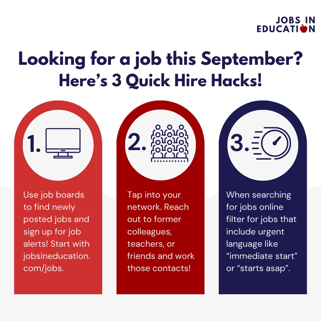 JobsinEdu's tweet photo. Need a job yesterday?
Check out our 3 Quick Hire Hacks to land work before the first bell rings

✨ Hit up https://t.co/FiT63Ez6AA
✨ Tap into your network
✨ Filter for urgent language

#JobsInEducation #JobSearchTips #QuickHire https://t.co/Bg4F21qzNB