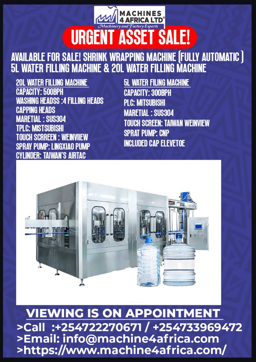📢 Urgent Sale Notice
Machine 4 Africa is currently offering 3 premium machines available for immediate purchase:
 Fully Automatic Shrink Wrapper Machine
 5L Water Filling Machine
 20L Water Filling Machine
