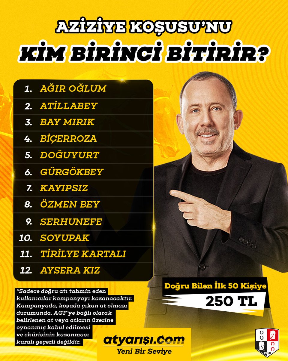 ÖDÜL ZAMANI! 🍀

Aziziye Koşusu'nu birinci bitiren atı bilen ilk 50 kişiden biri ol, 250 TL değerinde atyarışı.com puanı kazan!

KATILIM ŞARTLARI 🔎
💥Bu hesabı takip etmek
💥Bu paylaşımı yeniden göndermek (Repost)
💥Tahmininizi, atyarışı.com üye numaranızı
