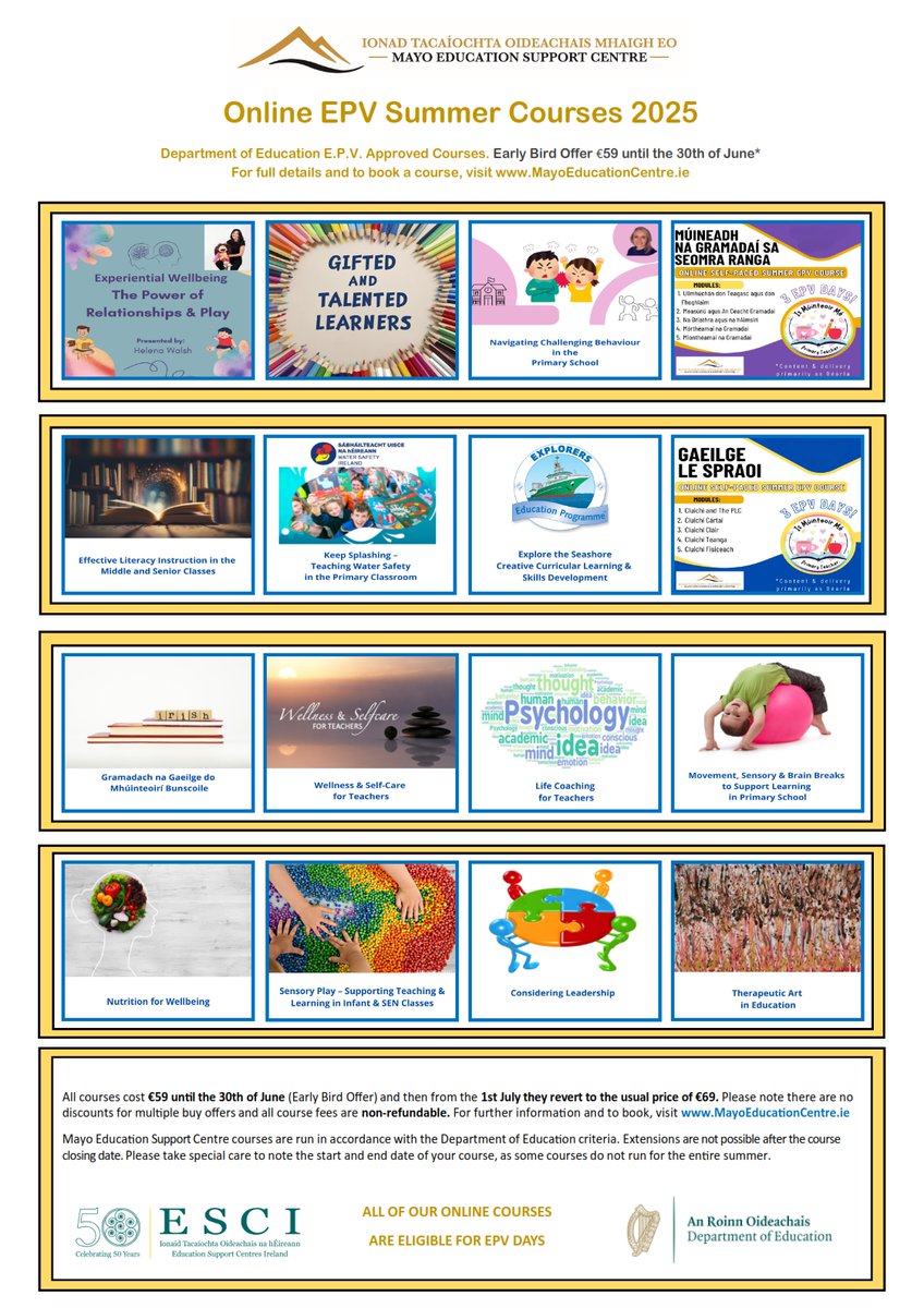 Limited availability, last day to register for EPV Online Summer Course is Wednesday 20th of August, courses must be finished by Friday 22nd of August. Click to book, elearning.mayoeducationcentre.ie