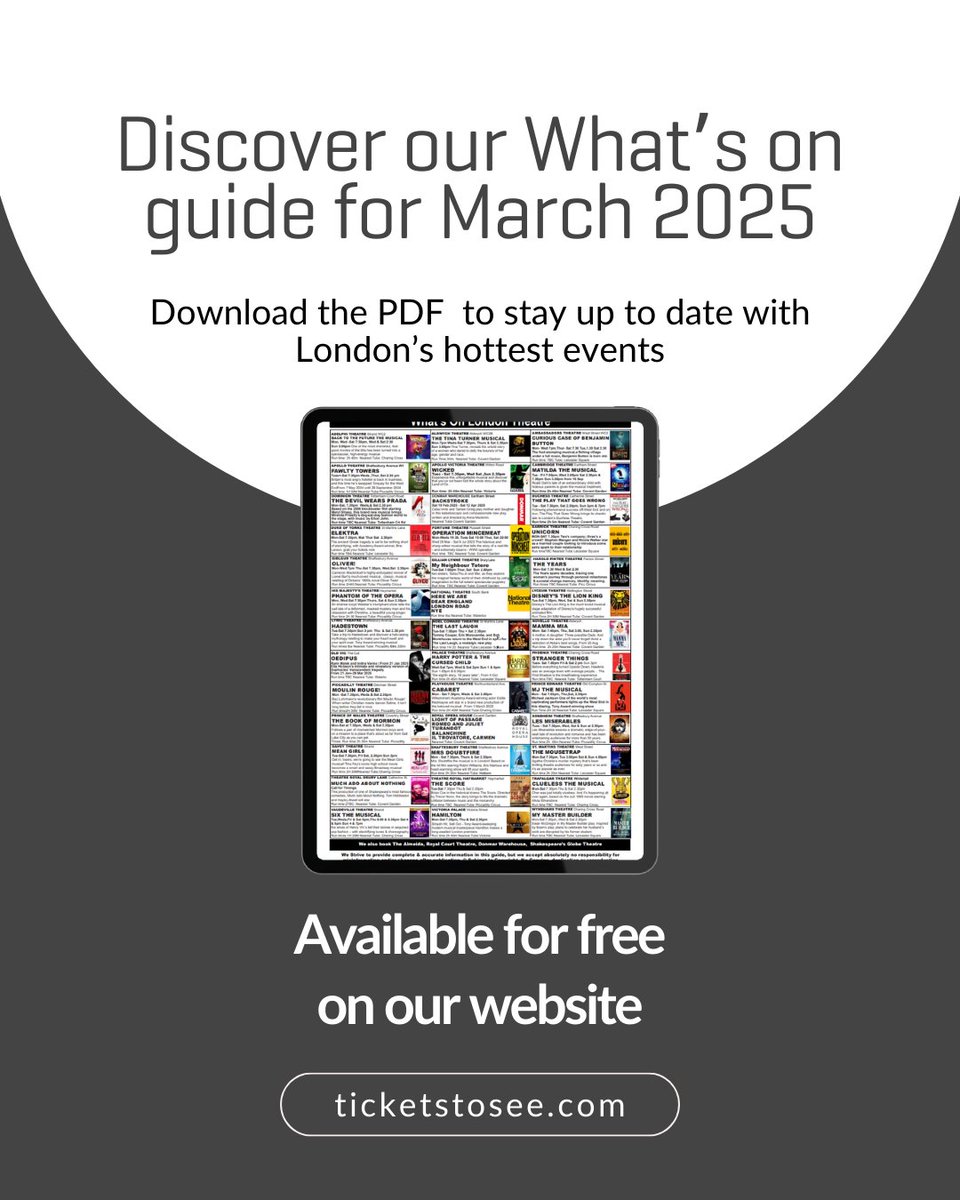 Ticketstosee's tweet image. Unlock the secrets to London&apos;s most talked-about events this March! 🤫 

Your curated guide to the city&apos;s vibrant scene is here. Don&apos;t miss a beat. Donwload it at ticketstosee.com/blog/whats-on-…

#LondonEvents #WhatsOnLondon #InsiderGuide #Ticketstosee