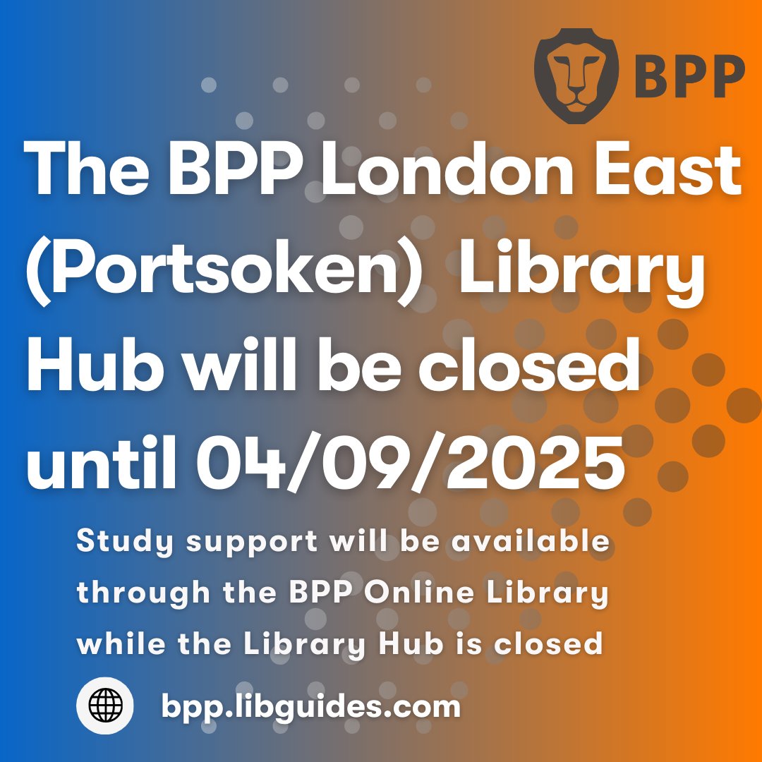 The BPP London East (Portsoken) Library Hub is going on a short summer holiday!🌞We will be closed until 04/09/25. Study support is still available in person at our other Library sites, and through the BPP Online Library.  We wish you all a pleasant summer break! #BPPLibraryHub