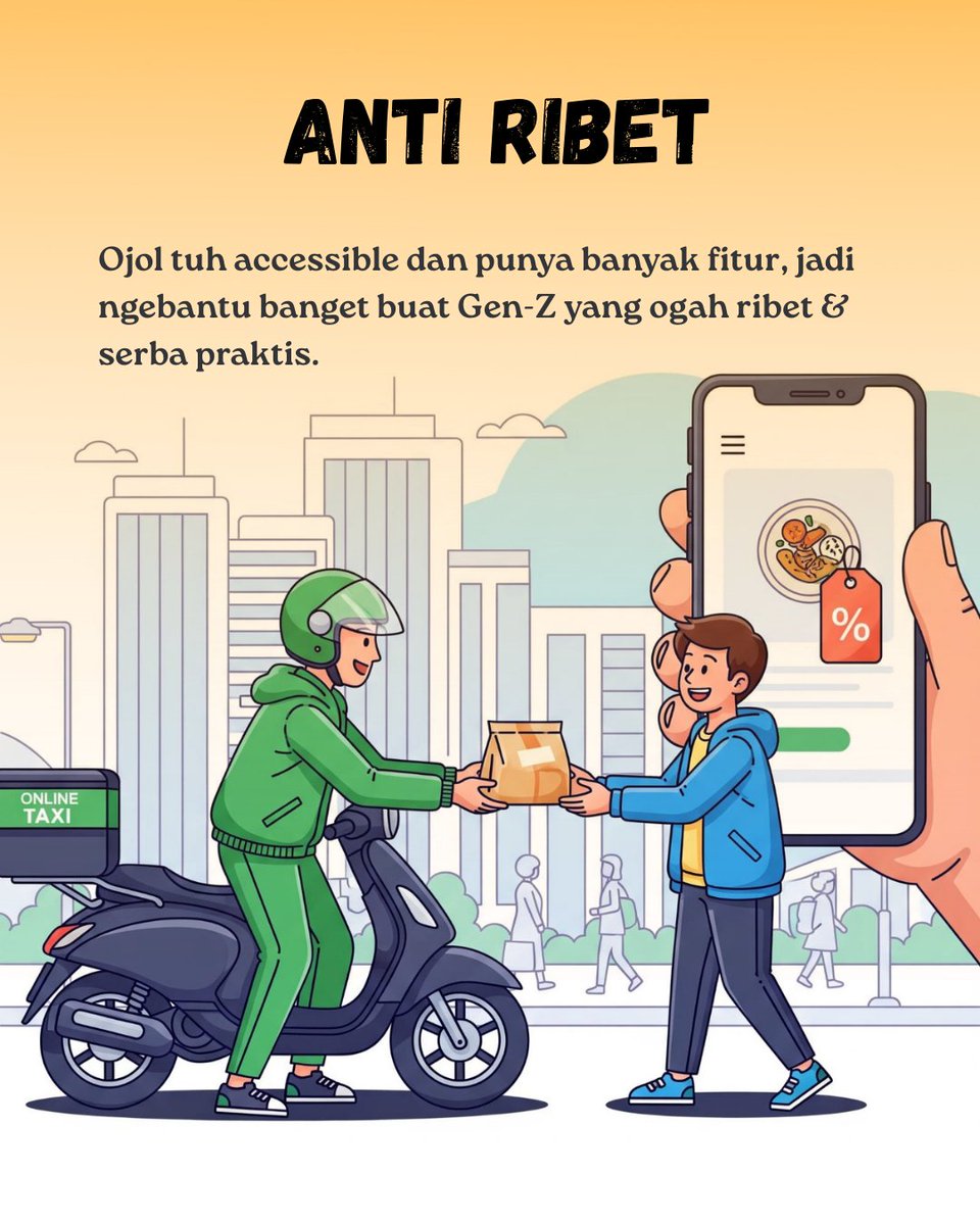 Bapack2 Jompo Anti Ribet

Sebagai bapack2 yg tumbuh bersama teknologi. Pastinya gak mau ribet &amp; kepingin praktis dalam segala hal. 

Nah, Ojol ngasih kemudahan itu semua. Mager pesen makan, tinggal order, mager jalan tinggal pesen Ojol. Selain simpel banyak jg diskon.