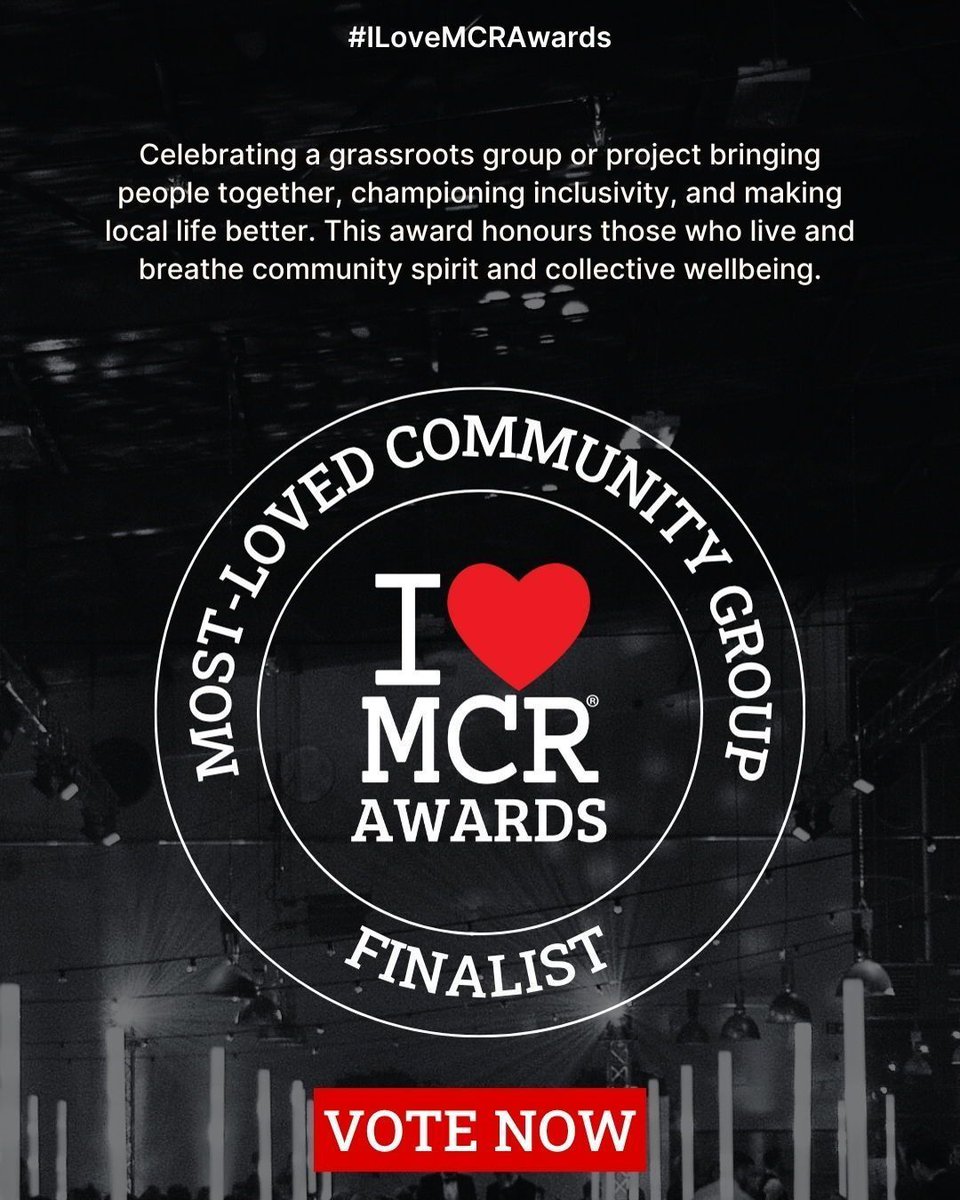 ❤️ We've been shortlisted for the Most Loved Community Group in the #ILoveMCRAwards - hurray!

Please could you take a moment or two to visit ilovemanchester.com/awards to vote for us?  As a tiny charity run mainly by volunteers it would mean a lot.

Thank you! 🤞 #ILoveMCRAwards