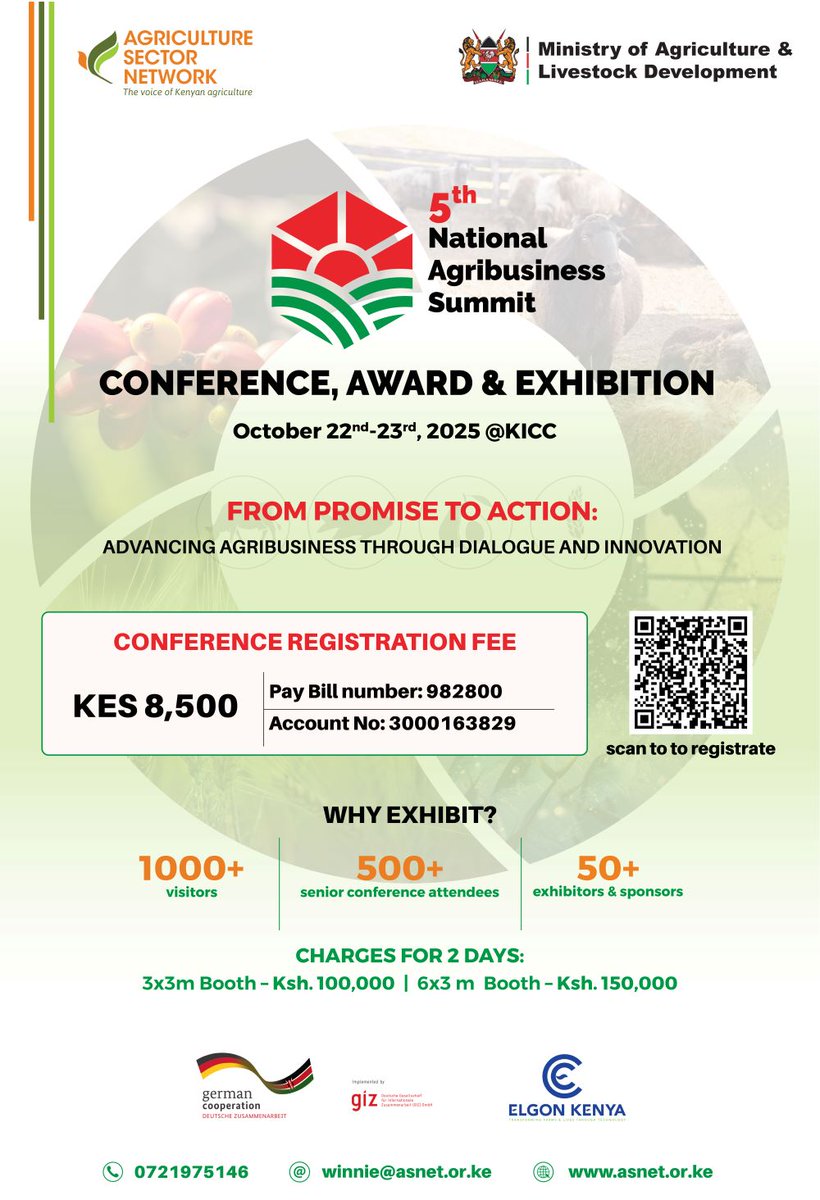 Agriculture Sector Network (ASNET) (@asnetkenya) on Twitter photo ๐ Kenyaโs agribusiness future starts with collaboration!
Join us at the National Agribusiness Summit 2025 as we chart pathways for:
๐พ Competitiveness
๐ก Innovation
๐ฑ Sustainability
๐
 22โ23 Oct 2025 | ๐ KICC
๐ Register: forms.gle/shPzSVsRFhqeYLโฆ
#NAS2025 #PromiseToAction ๐ Kenyaโs agribusiness future starts with collaboration!
Join us at the National Agribusiness Summit 2025 as we chart pathways for:
๐พ Competitiveness
๐ก Innovation
๐ฑ Sustainability
๐
 22โ23 Oct 2025 | ๐ KICC
๐ Register: forms.gle/shPzSVsRFhqeYLโฆ
#NAS2025 #PromiseToAction
