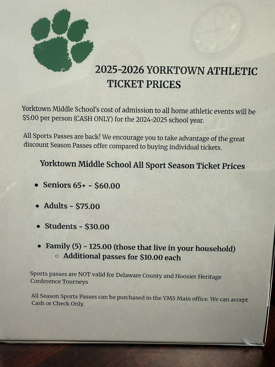 ymsathletics's tweet photo. 🗓 Yorktown Middle School 🗓️

🎟️ YMS All Sports Passes are HERE! 
📅 On sale in the YMS main office

✅ Good for all HOME YMS games
❌ Not valid for HHC/DC tourneys or YHS events

2025 All Sports Passes: 
Family of 5 - $125
Adult - $75
Senior 65+ - $60
Student - $30 https://t.co/cINpxKjmlS