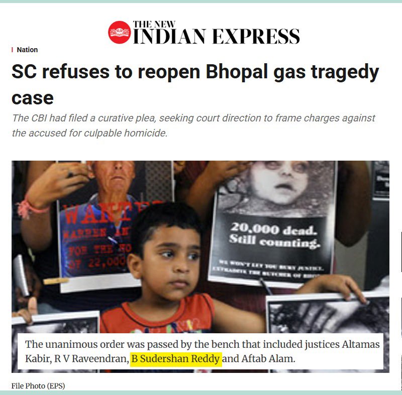 Tajinder Bagga (@tajinderbagga) on Twitter photo Anderson killed 25,000 Indians in the Bhopal Gas Tragedy. Rajiv Gandhi helped him escape from India. When CBI appealed to reopen the case, Justice B. Sudershan Reddy refused. Now he is Sonia GandhiтАЩs Vice President candidate. Anderson killed 25,000 Indians in the Bhopal Gas Tragedy. Rajiv Gandhi helped him escape from India. When CBI appealed to reopen the case, Justice B. Sudershan Reddy refused. Now he is Sonia GandhiтАЩs Vice President candidate.