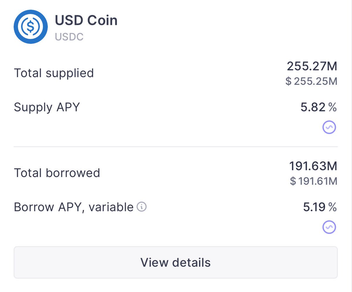 Base上のAave USDCマーケットの供給・借入APYを示す統計