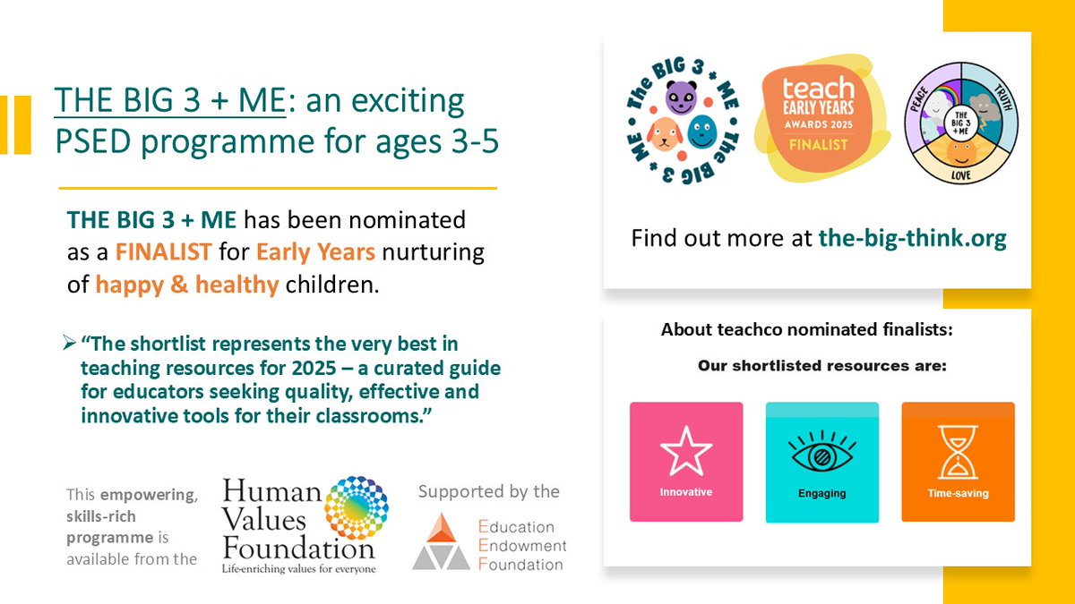 HVF (@hvf_values) on Twitter photo THE BIG 3 + ME programme for #nursery, Reception & Year 1 has been shortlisted by <a href="/TeachEarlyYrs/">Teach Early Years</a> for a 2025 Teach Early Years Award for nurturing HAPPY & HEALTHY #children.
Explore all its positive impacts at the-big-think.org. THE BIG 3 + ME programme for #nursery, Reception & Year 1 has been shortlisted by <a href="/TeachEarlyYrs/">Teach Early Years</a> for a 2025 Teach Early Years Award for nurturing HAPPY & HEALTHY #children.
Explore all its positive impacts at the-big-think.org.