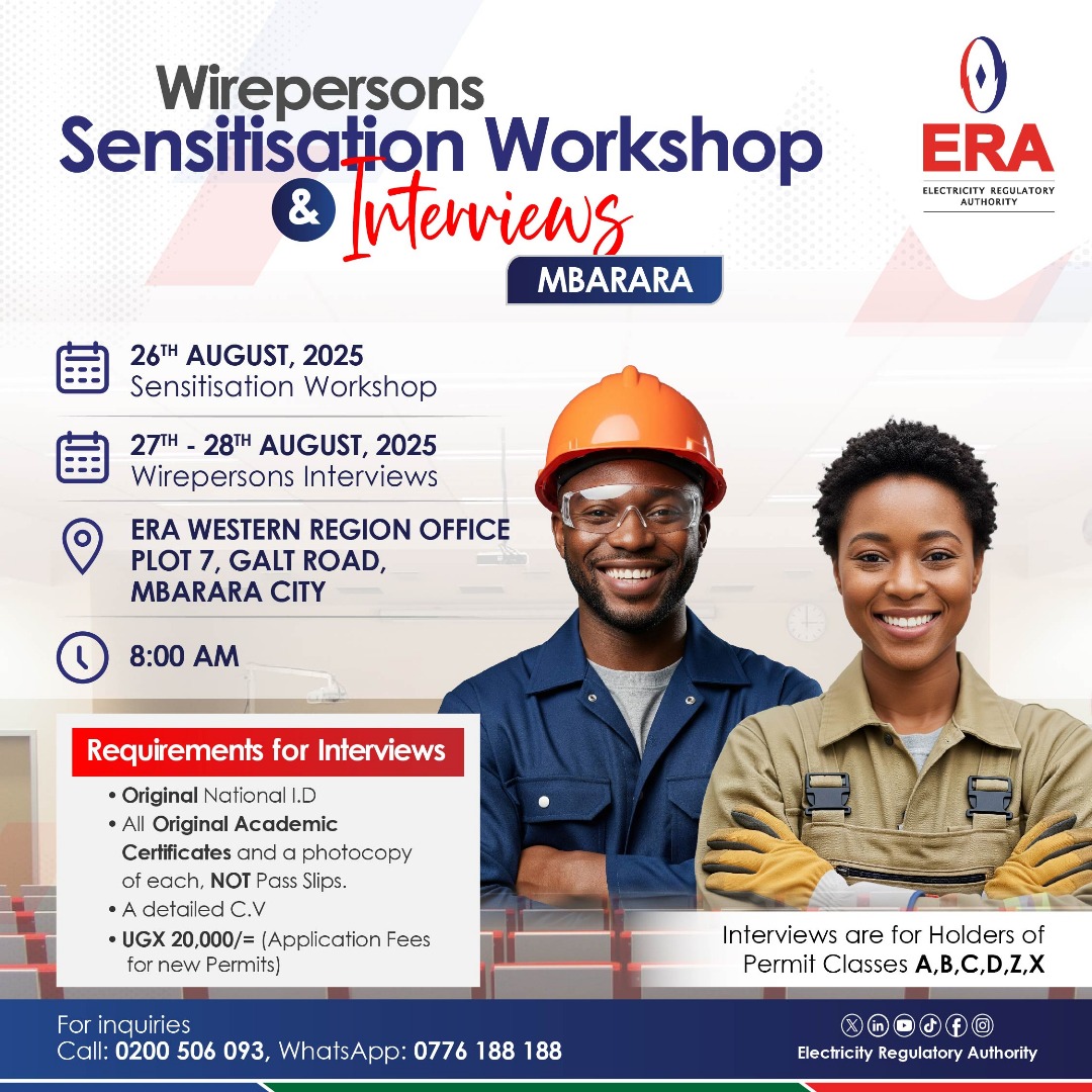 ERA_Uganda's tweet photo. Aspiring or certified wireperson? Don’t miss the Wirepersons Sensitization Workshop &amp; Interviews at the ERA Western Regional Office in Mbarara City. https://t.co/kf7PzJy9Yb