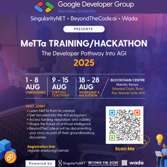 MeTTa Training &amp; Hackathon 2025, powered by SingularityNET, Wada, and BeyondTheCode.ai.

📍 Venue: Blockchain Centre NBO
📅 Dates: August 18–28, 2025
💻 Format: In-person limited slots &amp; virtual
Registration is open until 20th August, 2025
Register: blockchaincentrenbo.com/events/metta-t…