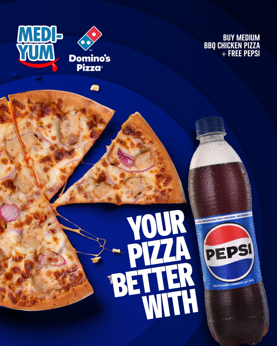 One word. FREE.

Your BBQ Chicken pizza now comes with a FREE Pepsi 💙 
No extra naira.  
Just extra yum 😋. 

Order NOW at dominos.ng or call 0700 700 9999 

#BetterWithPepsi 
#ThirstyForMore