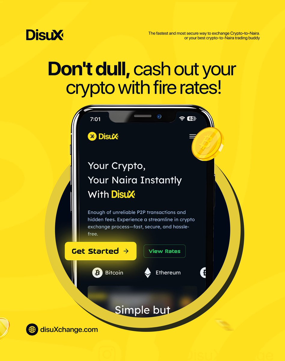 ⚡ Your crypto deserves fire rates. With DisuX, trade Bitcoin &amp; Ethereum for Naira instantly — no delays, no hidden fees. 💳

🫵 Tap In : disuXchange.com

✅ Fast
✅ Secure
✅ Hassle-free

#DisuXchange #Disux #crypto #cryptotonaira #p2p #btc
