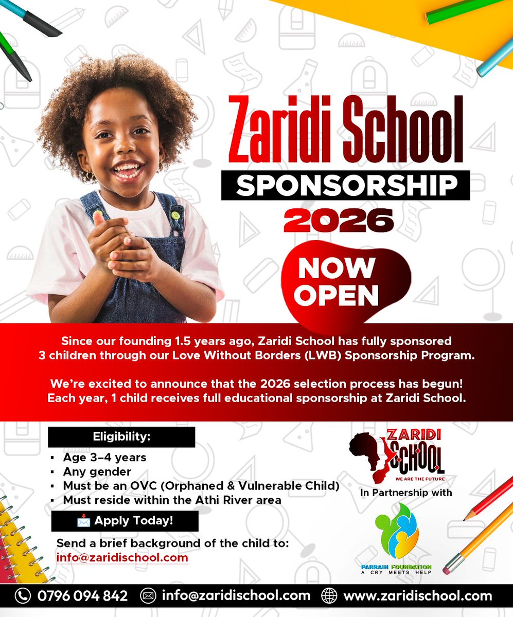 🎓 Give a child hope for the future — Zaridi School Love Without Borders (LWB) Sponsorship 2026 applications now open!
#ZaridiSchool
#ParrainFoundation
#ACryMeetsHelp