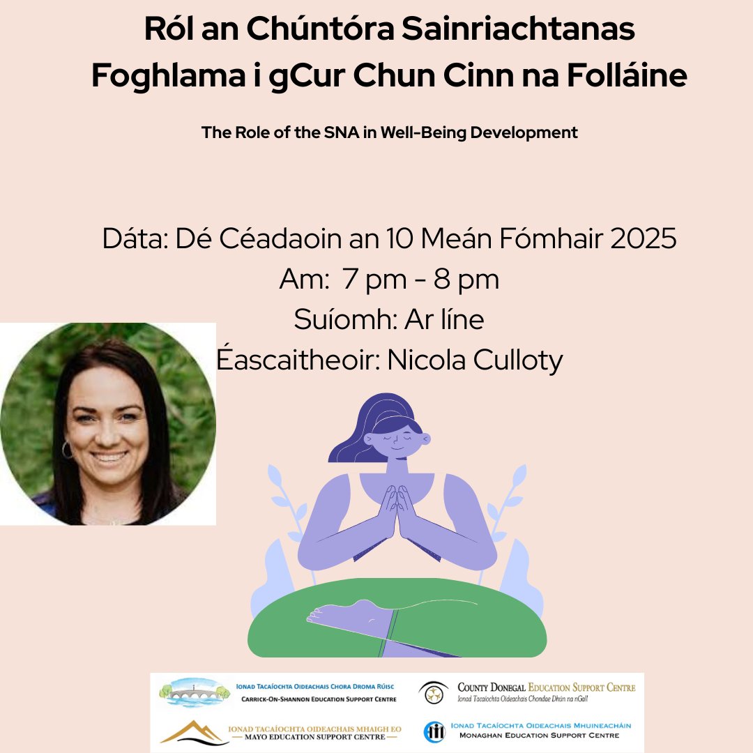 Donegal Education Support Centre (@edcentredonegal) on Twitter photo 🌞Cúrsa FGL - Ról an Chúntóra Sainriachtanas Foghlama i gCur Chun Cinn na Folláine Primary and Post Primary CPD –
The Role of the SNA in Well-Being Development🌞
📆 Dé Céadaoin an 10 Meán Fómhair 2025
⏰ 7:00 pm – 8:00 pm
📌 Ar lĂne
🙍‍♀️ Nicola Culloty
🔗donegaledcentre.ie/cpd-courses.ht… 🌞Cúrsa FGL - Ról an Chúntóra Sainriachtanas Foghlama i gCur Chun Cinn na Folláine Primary and Post Primary CPD –
The Role of the SNA in Well-Being Development🌞
📆 Dé Céadaoin an 10 Meán Fómhair 2025
⏰ 7:00 pm – 8:00 pm
📌 Ar lĂne
🙍‍♀️ Nicola Culloty
🔗donegaledcentre.ie/cpd-courses.ht…