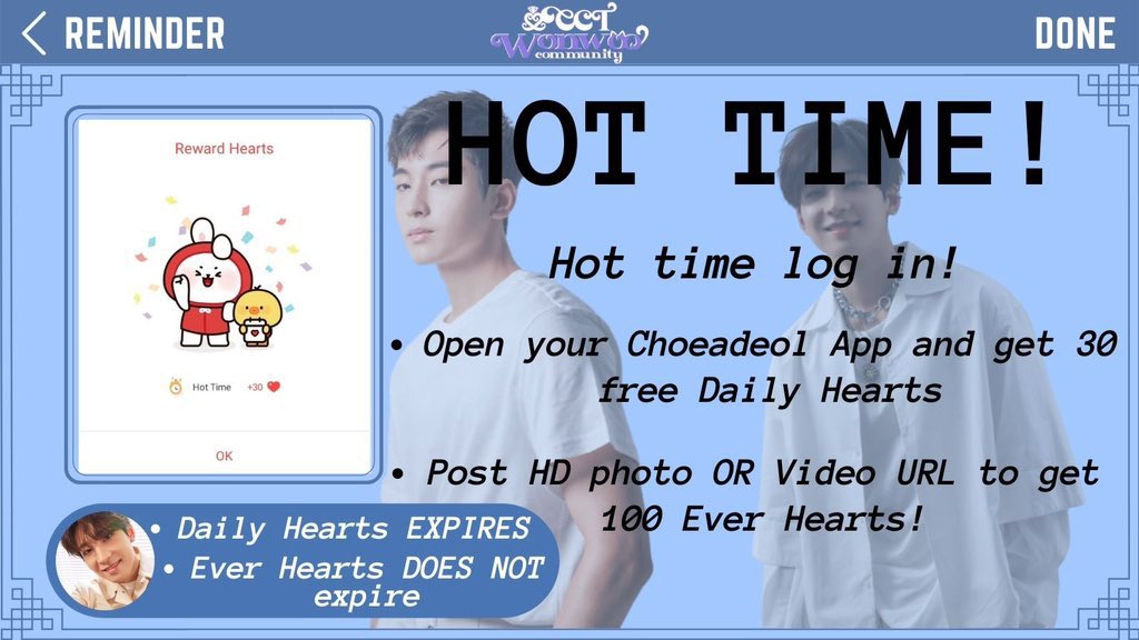 CCT Wonwoo Community (@cct_wonwoo) on Twitter photo It's HOT TIME! ๐
Open your Choeaedol App and get a Free 30 daily hearts + post HD photo or a link to get additional 100 ever hearts ๐ฅณ
<a href="/pledis_17/">์ธ๋ธํด(SEVENTEEN)</a> #SEVENTEEN #์ธ๋ธํด #์์ฐ It's HOT TIME! ๐
Open your Choeaedol App and get a Free 30 daily hearts + post HD photo or a link to get additional 100 ever hearts ๐ฅณ
<a href="/pledis_17/">์ธ๋ธํด(SEVENTEEN)</a> #SEVENTEEN #์ธ๋ธํด #์์ฐ