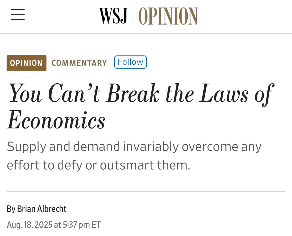 Brian Albrecht (@briancalbrecht) on Twitter photo Simple economics is damn good at making real-world predictions.
Yet, if you only read oped columns, you’d think economics was a failure. Our models are too abstract. Our predictions are always wrong.
I push back in the <a href="/WSJopinion/">Wall Street Journal Opinion</a> 👇 Simple economics is damn good at making real-world predictions.
Yet, if you only read oped columns, you’d think economics was a failure. Our models are too abstract. Our predictions are always wrong.
I push back in the <a href="/WSJopinion/">Wall Street Journal Opinion</a> 👇