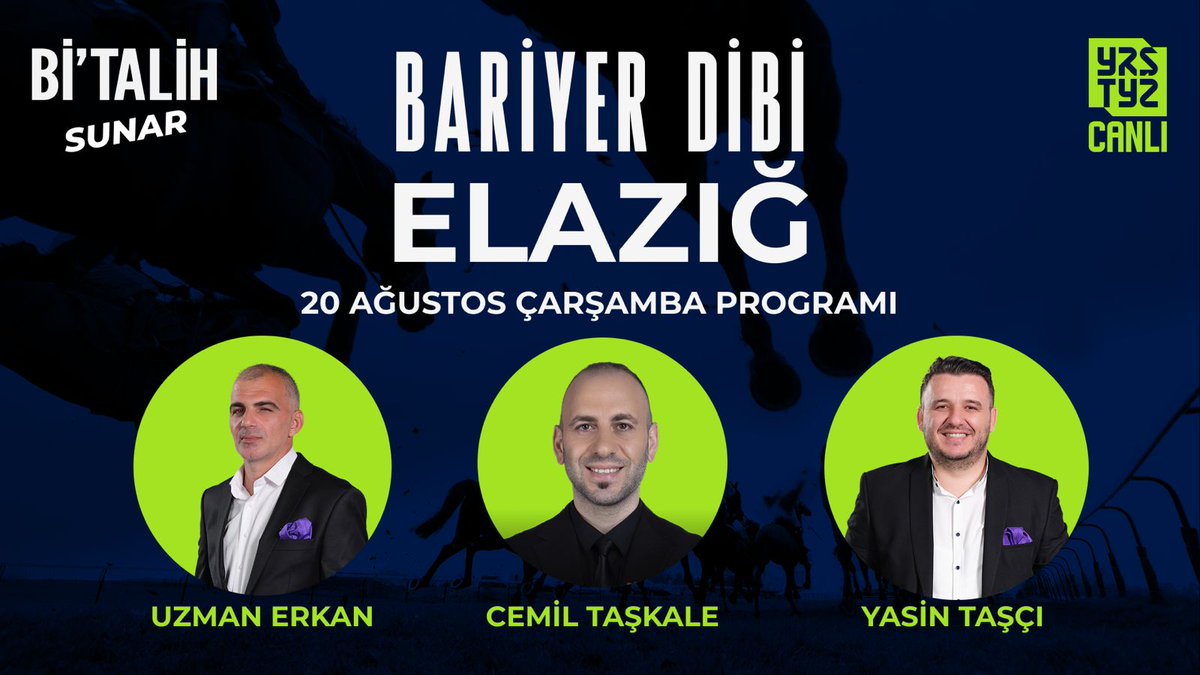 🎬 <a href="/geldibitalih/">Bitalih</a>'in sunduğu #BariyerDibi her gün deneyimli moderatörleri ve uzman yorumcularıyla #Yarıştayız kanalında!

🗣 Bu akşam 21.15'te <a href="/cemiltaskale/">Cemil Taşkale</a> moderatörlüğünde <a href="/uzman_erkan/">Uzman Erkan</a> ve <a href="/yasintasci3535/">Yasin Taşçı</a> "20 Ağustos Çarşamba" günü koşulacak Elazığ yarışını CANLI yayında