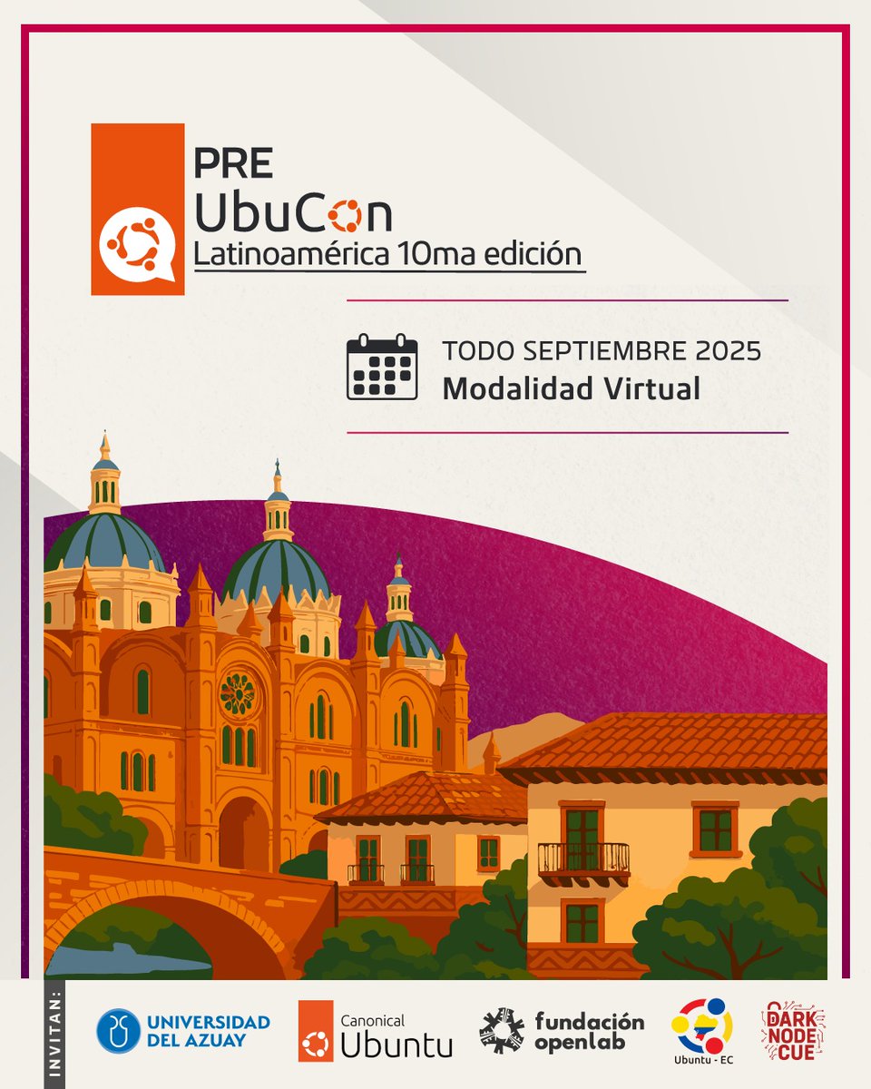 📅 Todos los viernes de septiembre llega la #PreUbuConLA 🚀
Un ciclo virtual para aprender, compartir y conectarte con la comunidad Ubuntu y de software libre. 👉 ¡Pronto más detalles! <a href="/ubuntuecuador/">Ubuntu Ecuador</a>  <a href="/ubuntuco/">Ubuntu Colombia</a> <a href="/ubuntu_ve/">Ubuntu Venezuela</a> <a href="/CanaimaGNULinux/">Canaima GNU/Linux</a> <a href="/OpenlabEc/">OpenlabEC</a>  <a href="/CompilanPodcast/">Compilando Podcast</a> <a href="/nksistemas/">nksistemas</a>