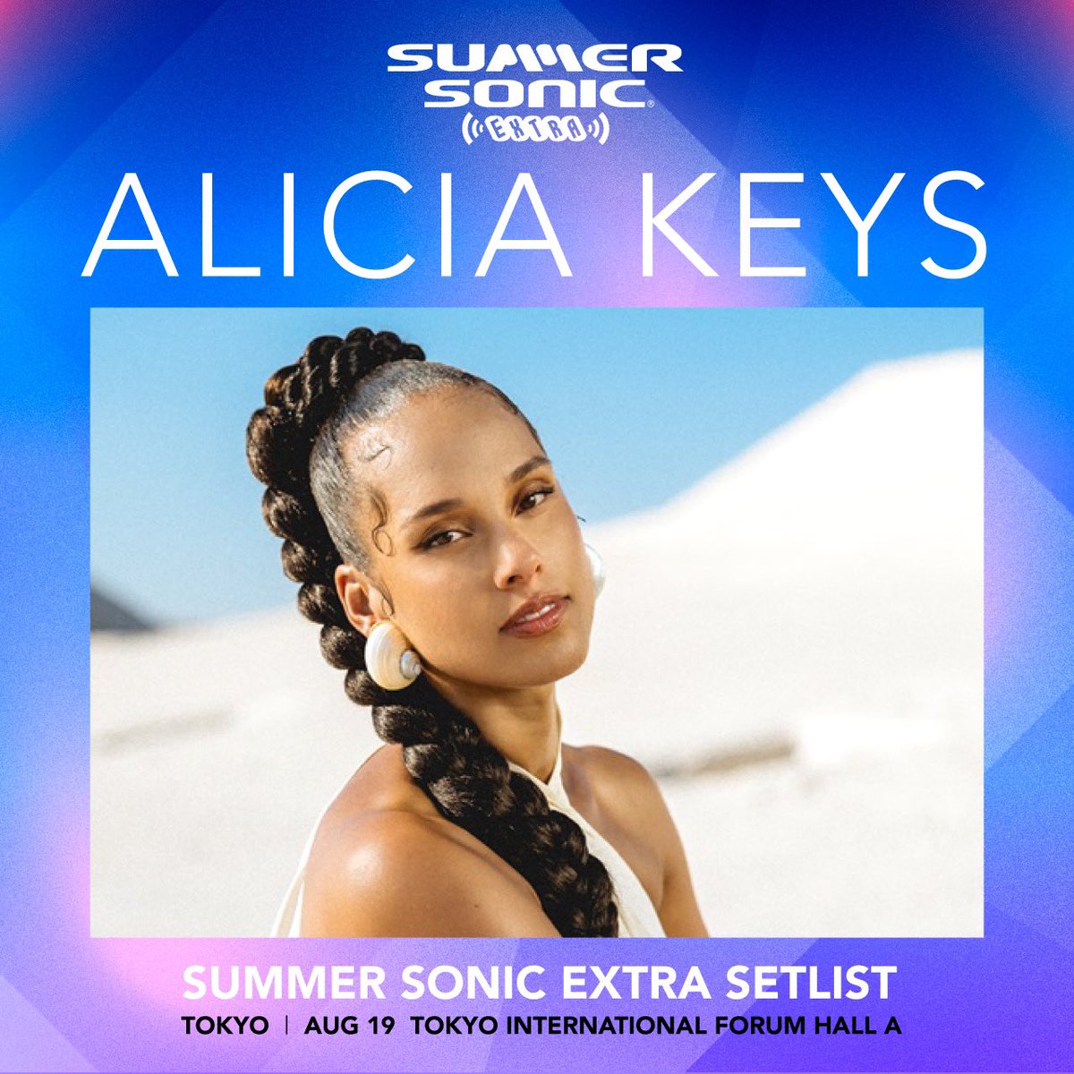 ⋰
 #アリシア・キーズ
 サマソニエクストラ 単独公演が終演✨
⋱

ホール公演という、より親密な雰囲気の中で
今夜も会場を包み込むような圧巻のパフォーマンスを披露🎤🎹

早速今夜のセトリプレイリストが公開！
保存してまだまだ余韻に浸りましょう💭🎧
▷ aliciakeysjp.lnk.to/SummerSonicExt…

#AliciaKeys