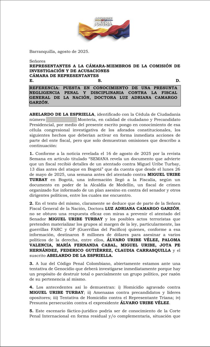 ABDELAESPRIELLA's tweet photo. Hoy he puesto en conocimiento del Congreso una presunta negligencia de la Fiscal General, Luz Adriana Camargo, quien ignoró alertas sobre un plan terrorista contra líderes de derecha, que terminó en el atentado contra Miguel Uribe Turbay.

Las guerrillas habrían destinado 8 millones de dólares para asesinar a Álvaro Uribe, Paloma Valencia, María Fernanda Cabal, Federico Gutiérrez, contra mí, entre otros.

Lo que está ocurriendo no es menor: se configura un intento de genocidio político que pone en riesgo nuestra vida, la democracia y el Estado de Derecho.

Lee el documento aquí: https://t.co/nT7S2gP0It

¡Firme por la Patria!