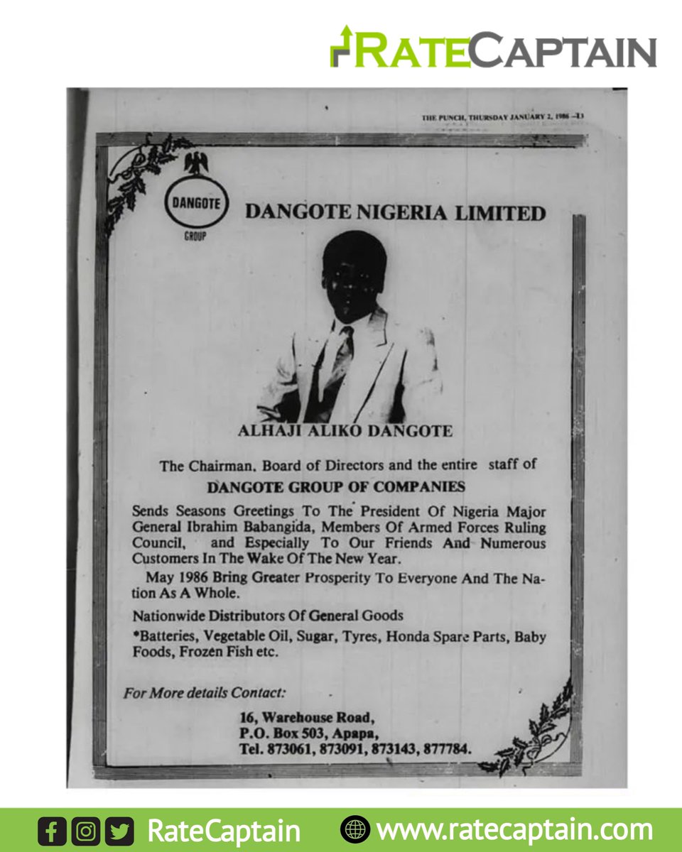 TheRateCaptain's tweet photo. Archived spotlight from The Punch (January 2, 1986) captures a rare moment from the early chapter of Alhaji Aliko Dangote’s remarkable journey.

Greatness is a gradual process — forged through consistency &amp; an unwavering commitment to show day in and out

📸: The Punch

#dangote https://t.co/xPWqfII7il