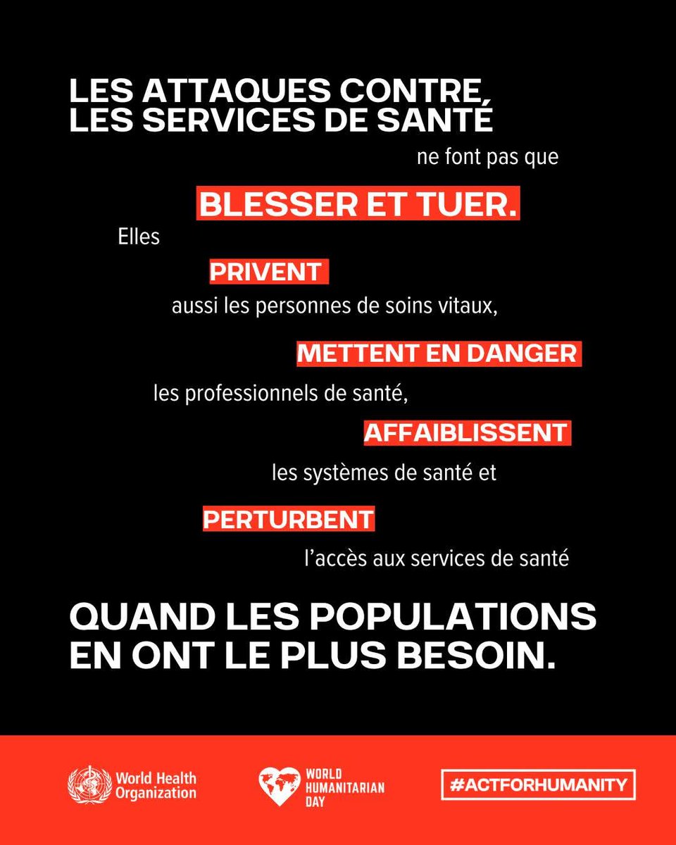C'est la #JournéeMondialeDeLAideHumanitaire !
Les attaques contre les structures de santé privent les populations des soins vitaux dont elles ont besoin, condamnant des communautés entières à la souffrance.

Les soins de santé doivent être protégés. TOUJOURS.

#AgirPourLHumanité