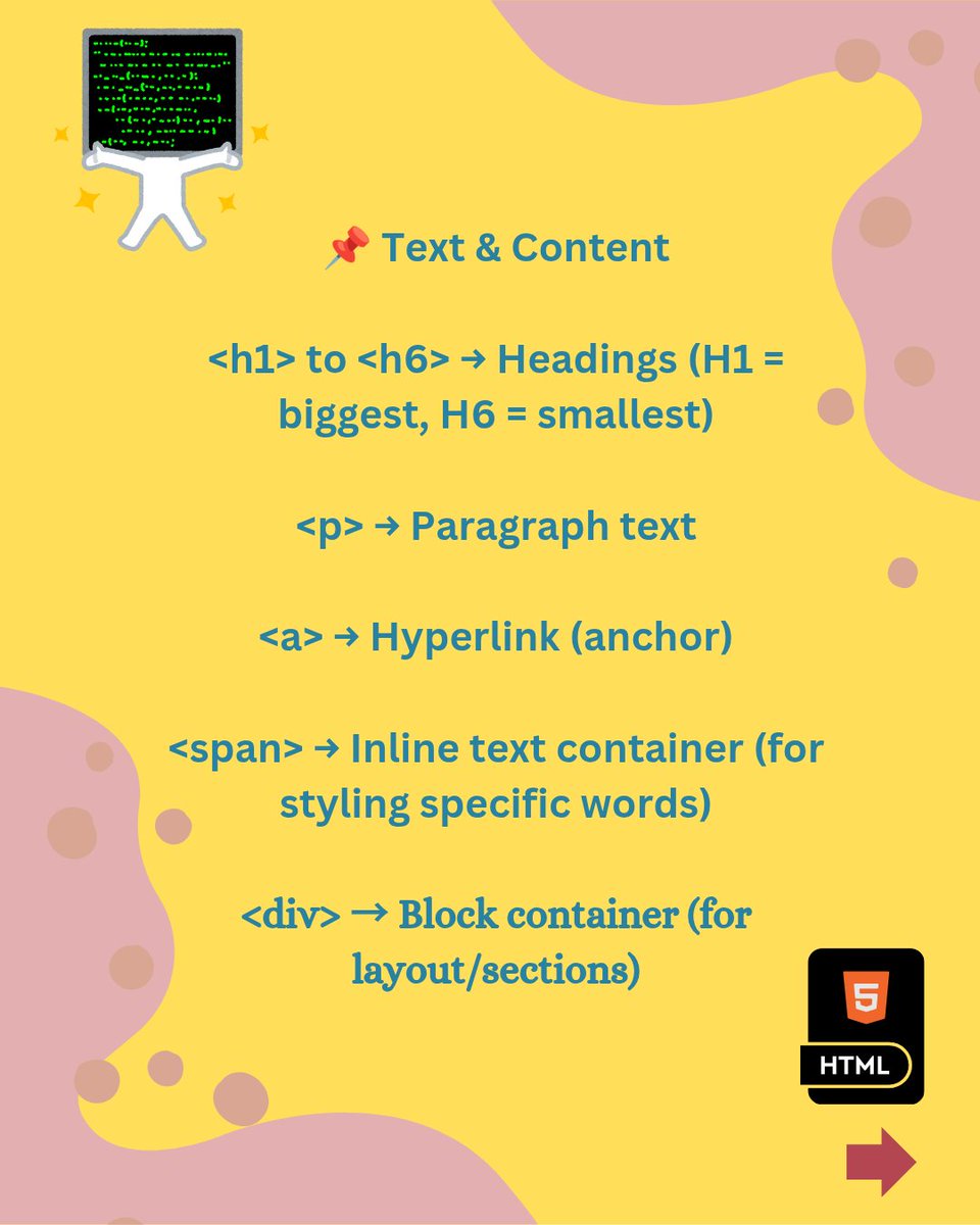 Maheen463546's tweet image. Html tags!
Follow for more!
#webdesign #webdevelopmentroadmap #webdevelopment #website #websitedevelopment #pakistancodingcommunity #pakistan🇵🇰 #pakistandevelopers #html #htmlroadmap #css #javascript #pakistaincoders #pakistancodingcommunity