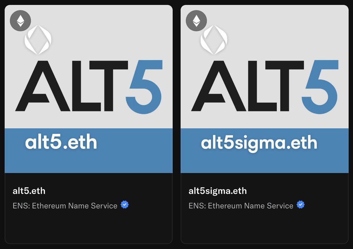 2️⃣2️⃣.eth | Costly.eth (@costly_eth) on Twitter photo Hey ALT5 <a href="/ALT5_Sigma/">ALTS</a>. I have something important for you. These are ENS domains that provide digital identity:
ALT5.eth & ALT5Sigma.eth
ENS is important. Everyone knows this, <a href="/worldlibertyfi/">WLFI</a> with worldliberty.eth is no exception.
<a href="/ZachWitkoff/">Zach Witkoff</a>, <a href="/MatthewMorgan23/">Matthew Morgan</a>, <a href="/EricTrump/">Eric Trump</a> Hey ALT5 <a href="/ALT5_Sigma/">ALTS</a>. I have something important for you. These are ENS domains that provide digital identity:
ALT5.eth & ALT5Sigma.eth
ENS is important. Everyone knows this, <a href="/worldlibertyfi/">WLFI</a> with worldliberty.eth is no exception.
<a href="/ZachWitkoff/">Zach Witkoff</a>, <a href="/MatthewMorgan23/">Matthew Morgan</a>, <a href="/EricTrump/">Eric Trump</a>