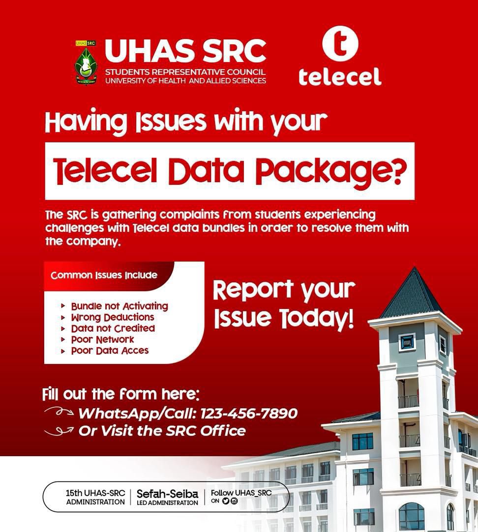 uhas__src's tweet image. 📢 UHAS Students!
Are you facing challenges with your Telecel data bundle?
The UHAS SRC is gathering complaints to help resolve these issues with Telecel.
👉 Report your issue now via the link below:
🔗 forms.gle/vnzvPCG67SLxPE…
#UHASSRC #Telecel #UHAS