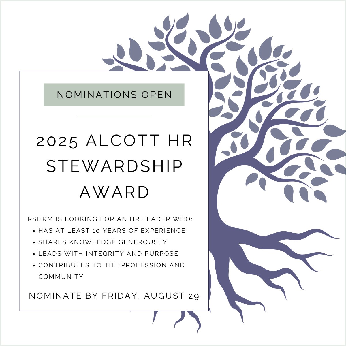 Nominate a leader for the 2025 Alcott HR Stewardship Award! Help us spotlight folks who elevate the HR profession through stewardship and service. 

Submit a nomination by August 29. 

Find our more ow.ly/xCYb50WHRFo.