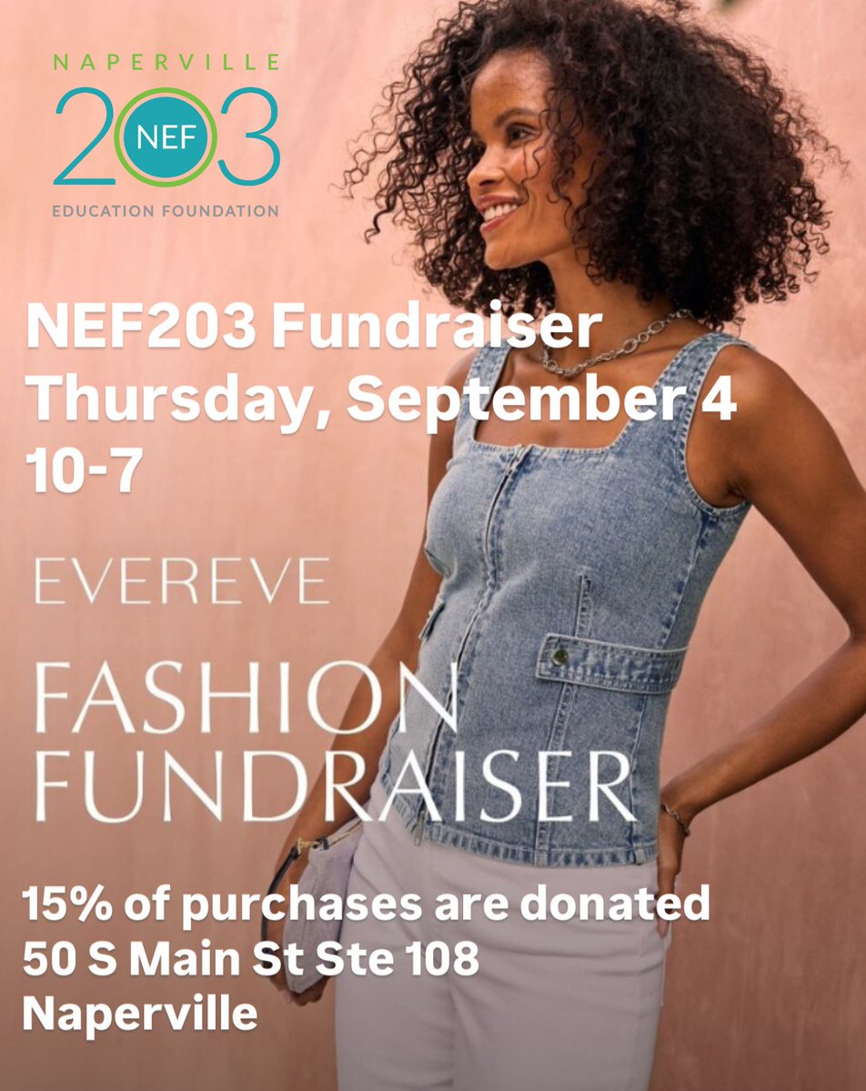NEF (@nef203) on Twitter photo ✨ Mark your calendars! Join us at Evereve in <a href="/DTNaperville/">Downtown Naperville</a> this September to enjoy shopping, sips and snacks.
📅 Thursday, September 4
⏰ 10 am to 7 pm
📍 50 S. Main Street Suite 108
15% of sales will be donated to NEF. See you there!
<a href="/Naperville203/">Naperville 203</a> #WeAre203 ✨ Mark your calendars! Join us at Evereve in <a href="/DTNaperville/">Downtown Naperville</a> this September to enjoy shopping, sips and snacks.
📅 Thursday, September 4
⏰ 10 am to 7 pm
📍 50 S. Main Street Suite 108
15% of sales will be donated to NEF. See you there!
<a href="/Naperville203/">Naperville 203</a> #WeAre203