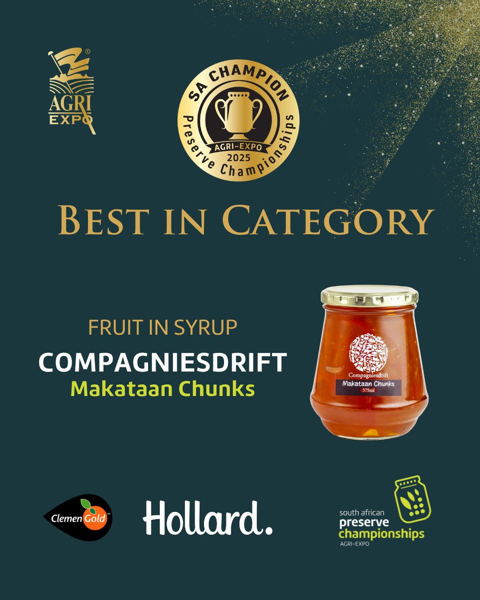 FRUIT IN SYRUP 
A South African favourite! <a href="/Compagniesdrift/">Compagniesdrift Wine</a> Makataan Chunks is crowned the Fruit in Syrup category winner. 🎉
#AgriExpo #SAPreserveChamps #CategoryWinner