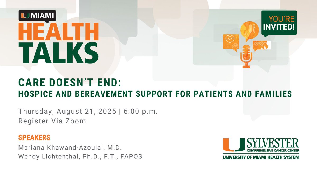 Sylvester Comprehensive Cancer Center (@sylvestercancer) on Twitter photo Join our experts for a free informational webinar. Drs. Mariana Khawand-Azoulai (<a href="/DrMKhawand/">Dr. Mariana Khawand-Azoulai</a>) and Wendy Lichtenthal (<a href="/wendylic/">Wendy Lichtenthal</a>) will offer insights into hospice and bereavement care for those affected by cancer.
We’re here for you every step of the way. Register today: Join our experts for a free informational webinar. Drs. Mariana Khawand-Azoulai (<a href="/DrMKhawand/">Dr. Mariana Khawand-Azoulai</a>) and Wendy Lichtenthal (<a href="/wendylic/">Wendy Lichtenthal</a>) will offer insights into hospice and bereavement care for those affected by cancer.
We’re here for you every step of the way. Register today: