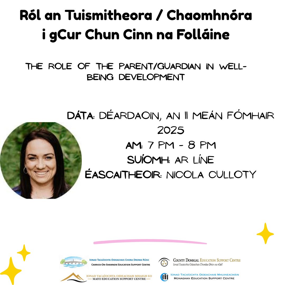 Donegal Education Support Centre (@edcentredonegal) on Twitter photo 🌞Cúrsa FGL - Ról an Tuismitheora/Chaomhnóra i gCur Chun Cinn na Folláine | Primary and Post Primary CPD –
The Role of the Parent/Guardian in Well-Being Promotion🌞
📆 Déardaoin an 11 Meán Fómhair 2025
⏰ 7:00 pm – 8:00 pm
📌 Ar lĂne
🙍‍♀️ Nicola Culloty
🔗donegaledcentre.ie/cpd-courses.ht… 🌞Cúrsa FGL - Ról an Tuismitheora/Chaomhnóra i gCur Chun Cinn na Folláine | Primary and Post Primary CPD –
The Role of the Parent/Guardian in Well-Being Promotion🌞
📆 Déardaoin an 11 Meán Fómhair 2025
⏰ 7:00 pm – 8:00 pm
📌 Ar lĂne
🙍‍♀️ Nicola Culloty
🔗donegaledcentre.ie/cpd-courses.ht…