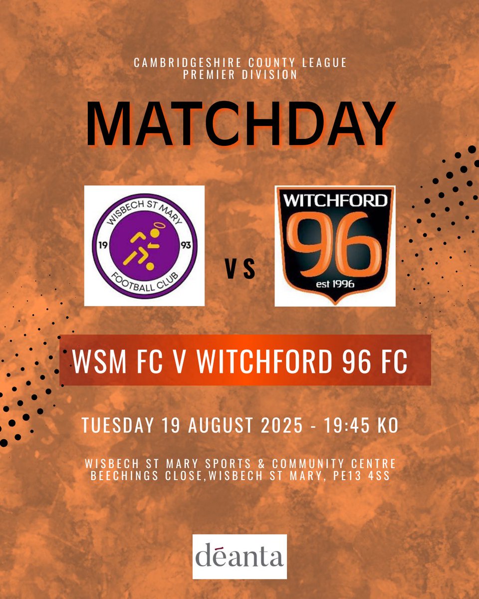 2025-26 season starts tonight with an away game at Wisbech St Mary FC

vs <a href="/WisbechStMaryFC/">Wisbech St Mary FC</a> 
📆 19/08/2025
📍 WSM FC 
🏆 Cambs Prem Division
⏱️ 19:45 ko

W96 FC Match Sponsors <a href="/DeantaUK/">Deanta</a> 
🟠🌑

Note for our thousands of travelling fans - £4 adults entry &amp; £2 for concessions