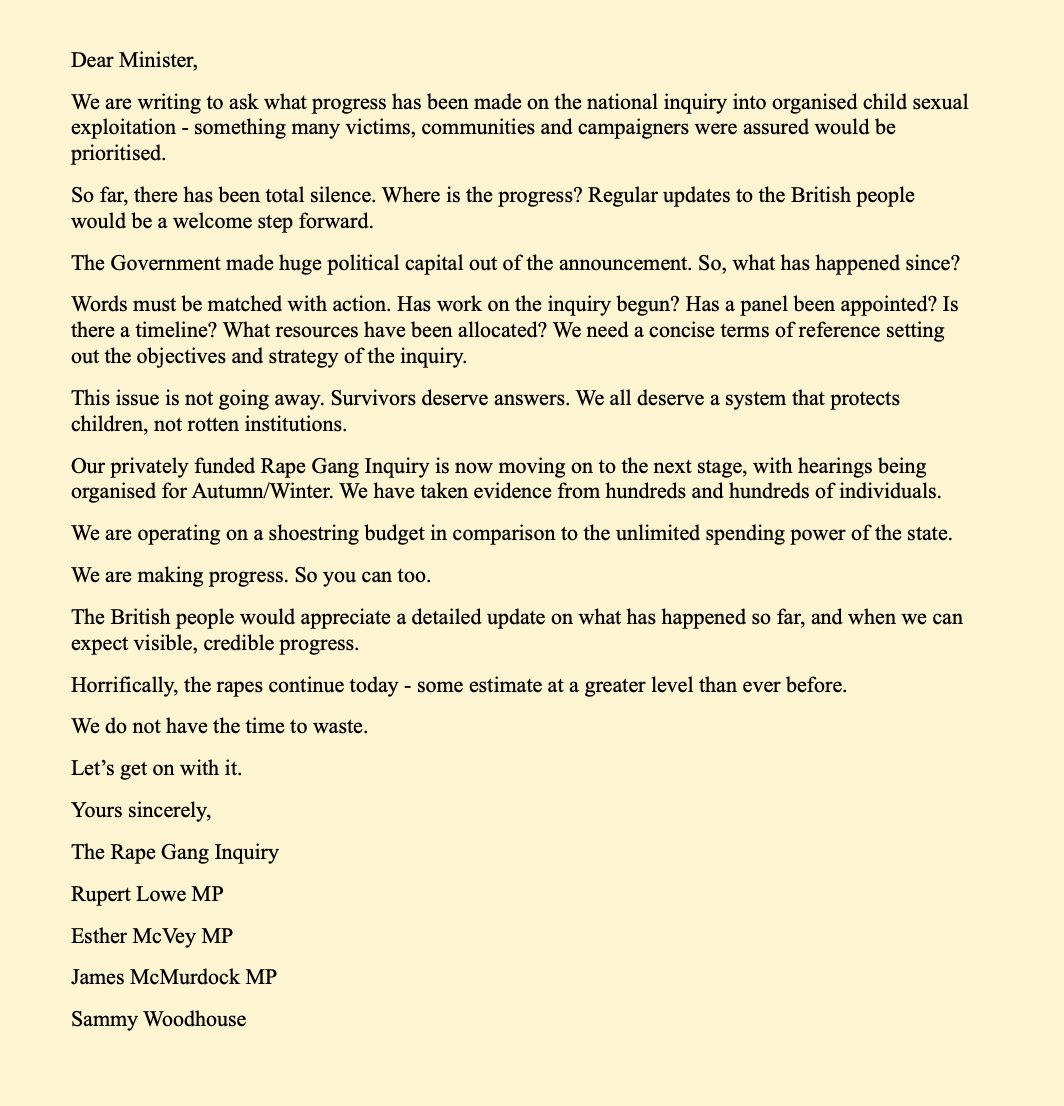 The total silence from Labour on their rape gang inquiry is incredibly disturbing.

Our inquiry is making progress, and we're expecting the same from Government.

A letter from myself, <a href="/EstherMcVey1/">Esther McVey</a>, <a href="/JMcMurdockMP/">James McMurdock MP</a> and <a href="/officialsammyuk/">S A M M Y Woodhouse</a> pushing for an urgent update...