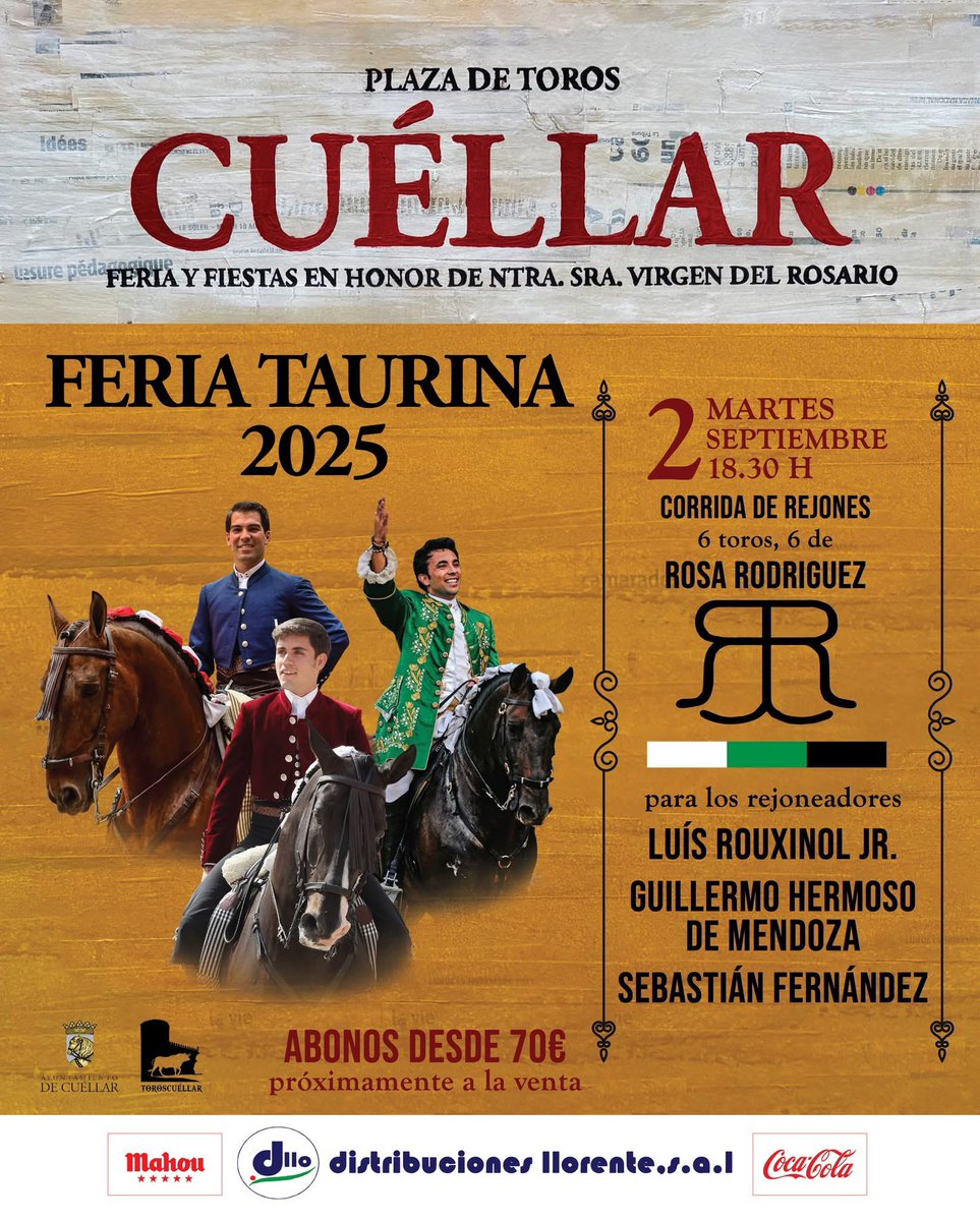 💥🐂CUÉLLAR 2025 · Martes 2 de Septiembre💥🐂

Corrida de rejones de la ganadería Rosa Rodríguez que serán lidiados por Luís Rouxinol, Guillermo Hermoso de Mendoza y Sebastián Fernández.