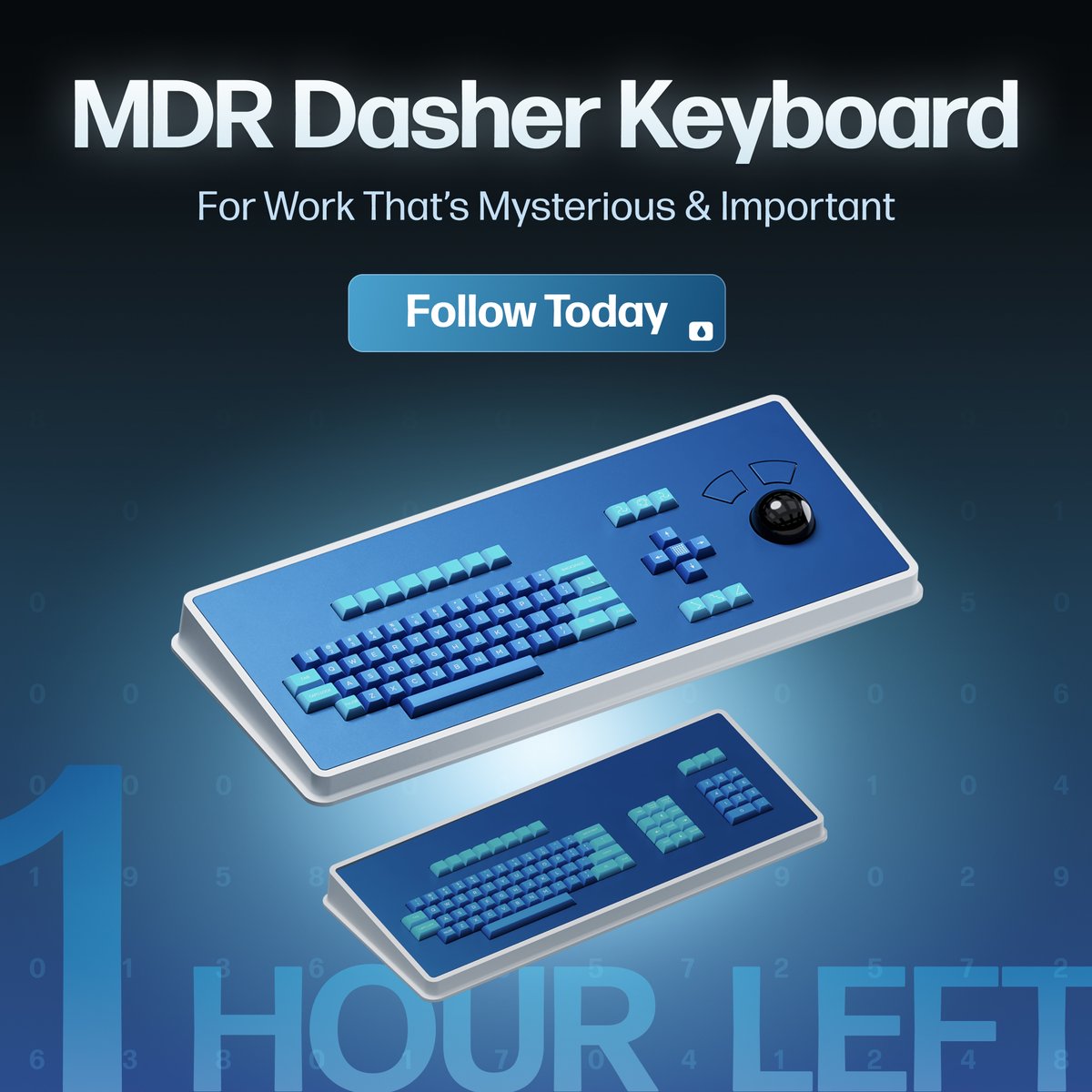 MDR Dasher Keyboard goes live on Kickstarter in just 1 hour.

Follow Now: bit.ly/4lFsXhz
For work that's mysterious &amp; important.

#kickstarter #mdrdasher #countdown
#mechanicalkeyboard #severance #keyboard
#mdrkeyboard